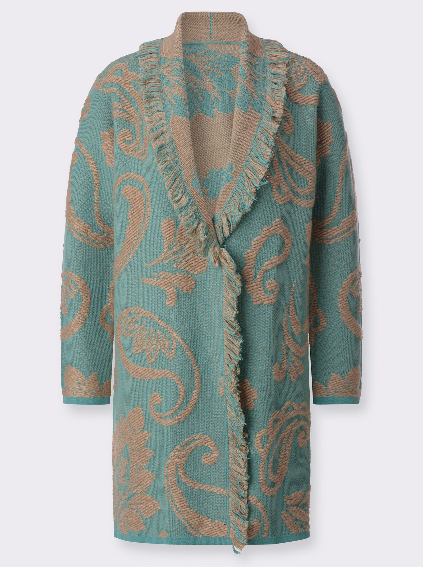 Cardigan mit zweifarbigen Fransen - salbei-beige-gemustert