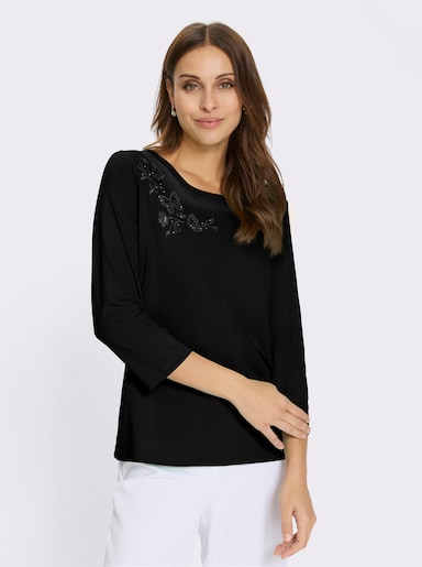 Kurzarmshirt mit Schmetterlings-Stickerei - schwarz