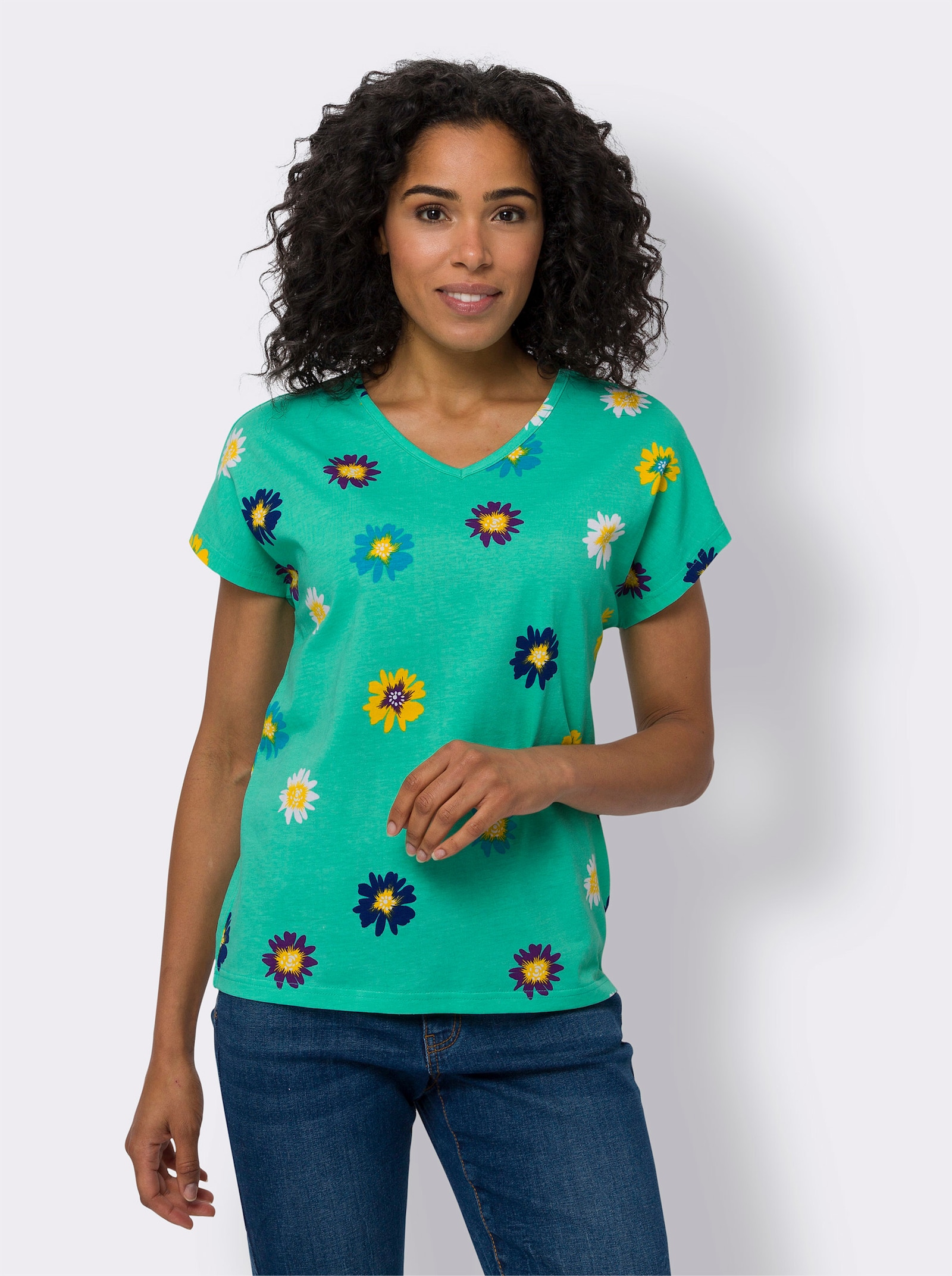 Kurzarmshirt aus Baumwolle, geblümt - blaugrün-weiß-bedruckt