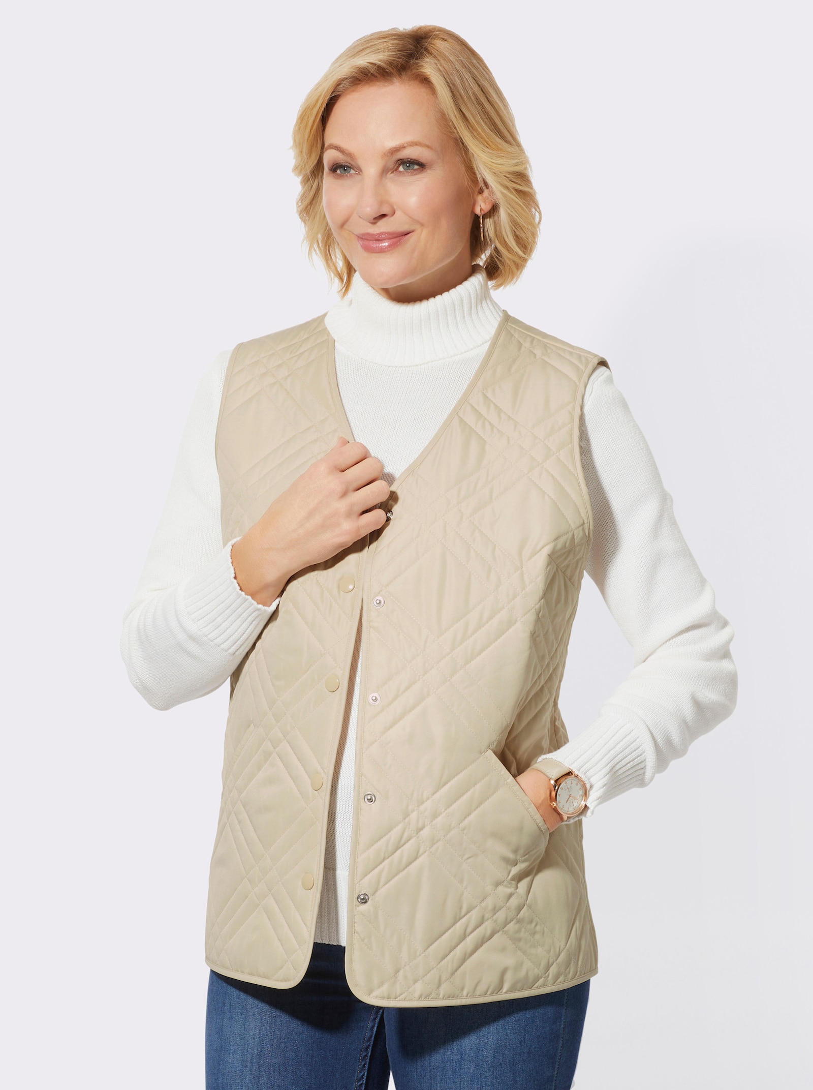 Bodywarmer met doorlopende drukknoopsluiting - zand