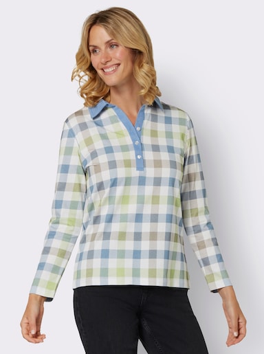 Poloshirt im Karo-Dessin - ecru-bleu-bedruckt