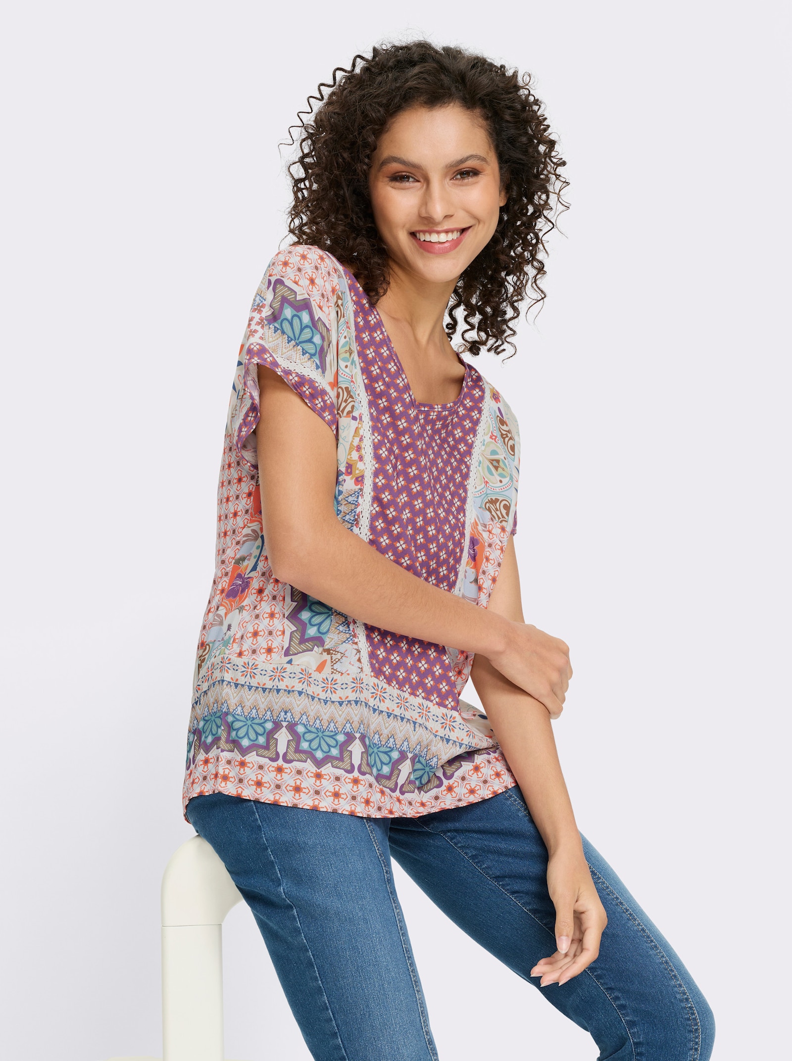 heine Druckbluse in Patch-Optik - terra-lila-bedruckt