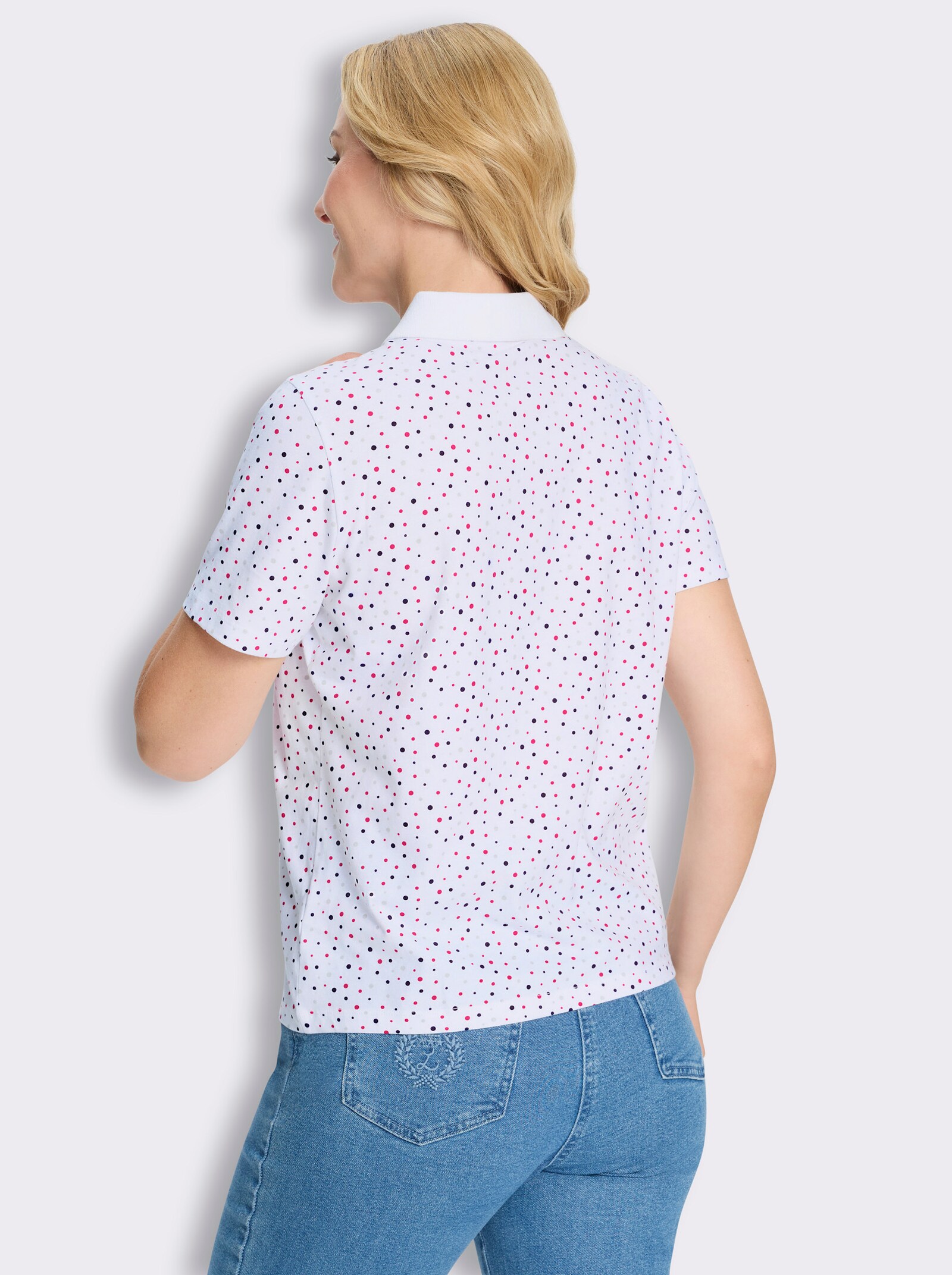 Poloshirt im Tupfen-Dessin - weiß-fuchsia-getupft