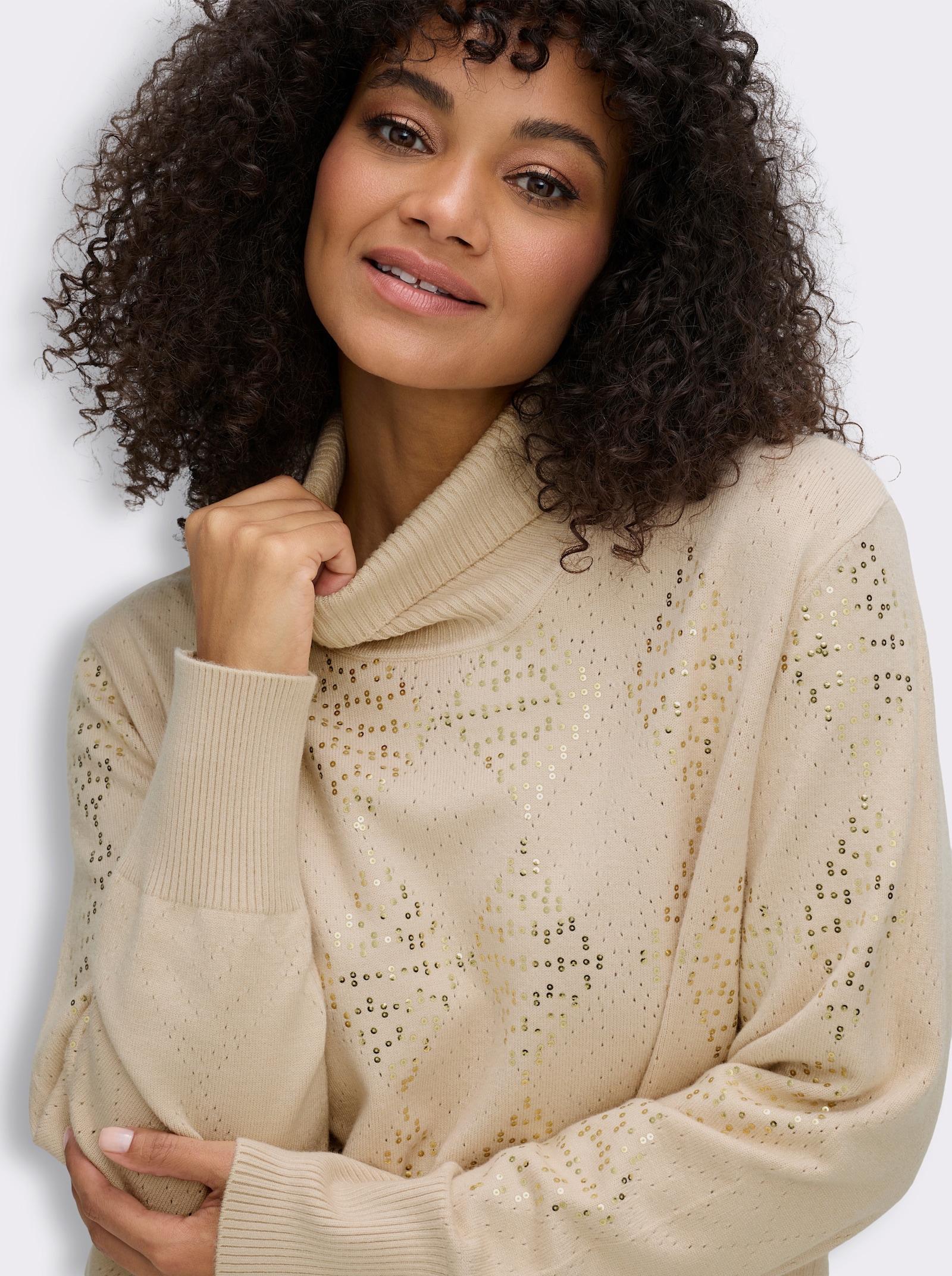 sheego Rollkragenpullover mit Pailletten-Details - elfenbein
