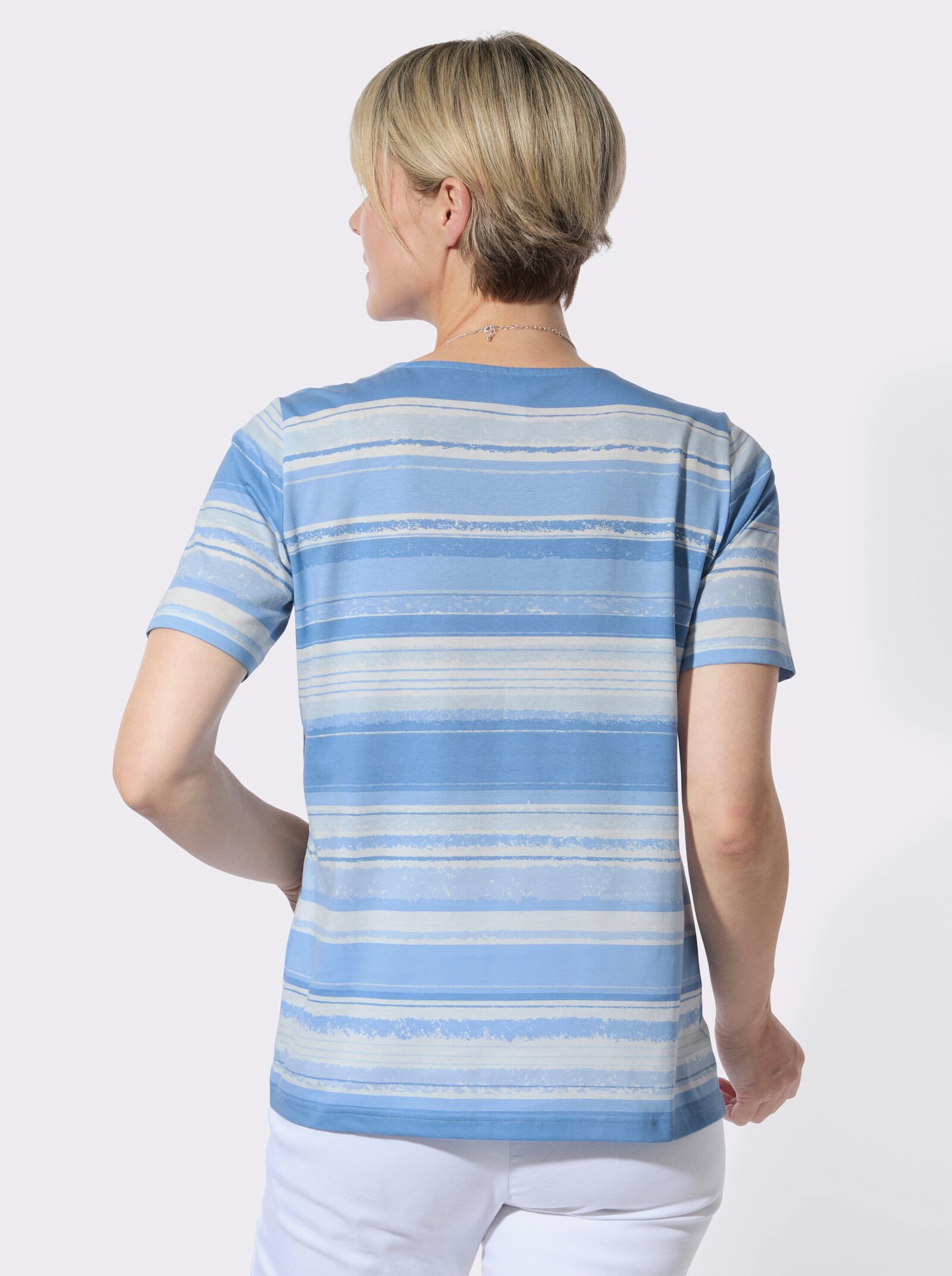 Kurzarmshirt im Streifen-Dessin - himmelblau-ecru-bedruckt