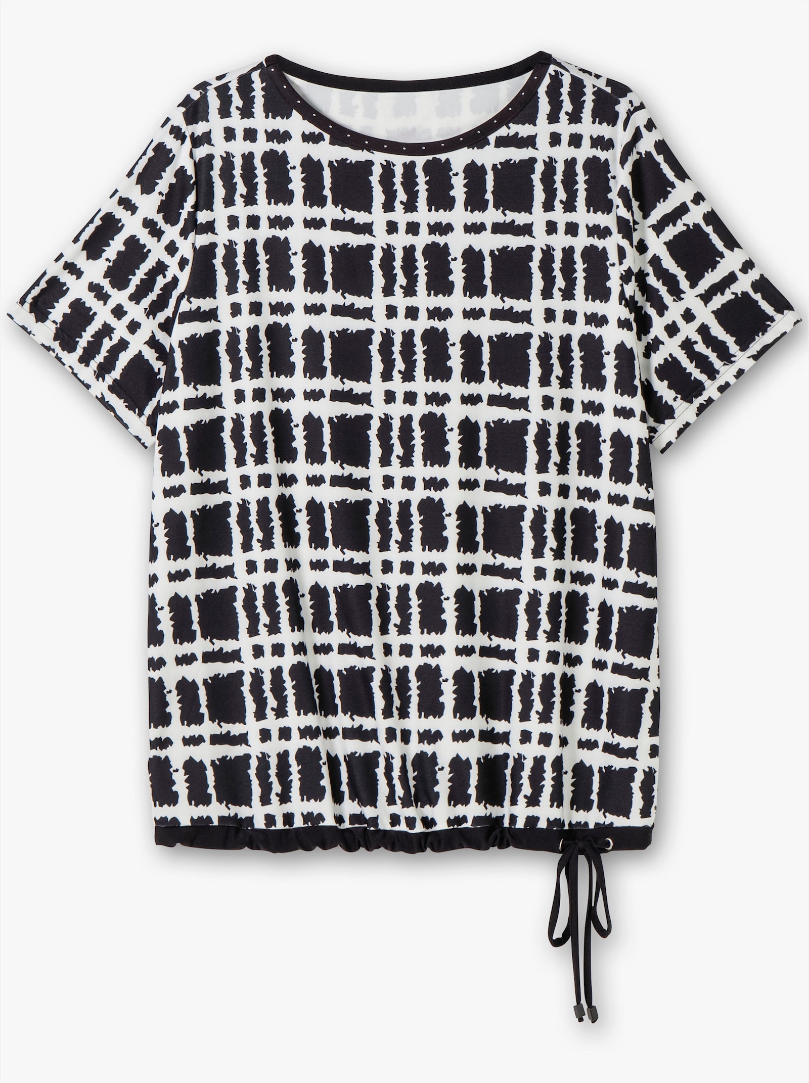 Kurzarmshirt mit Bindebändern - ecru-schwarz-bedruckt