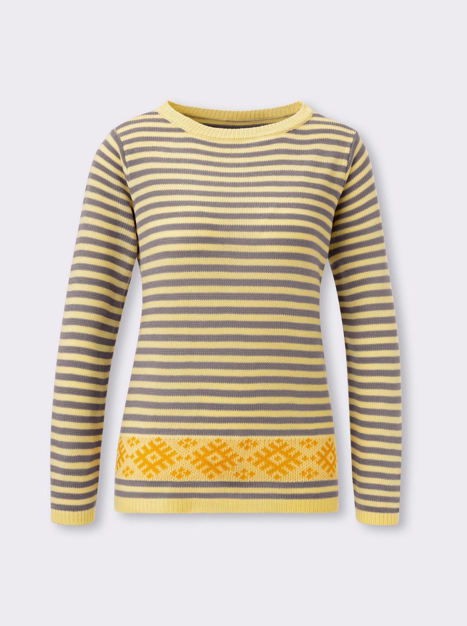 Svetr s dlouhým rukávem a kombinací proužků s norským vzorem - citronová-okrová-vzor