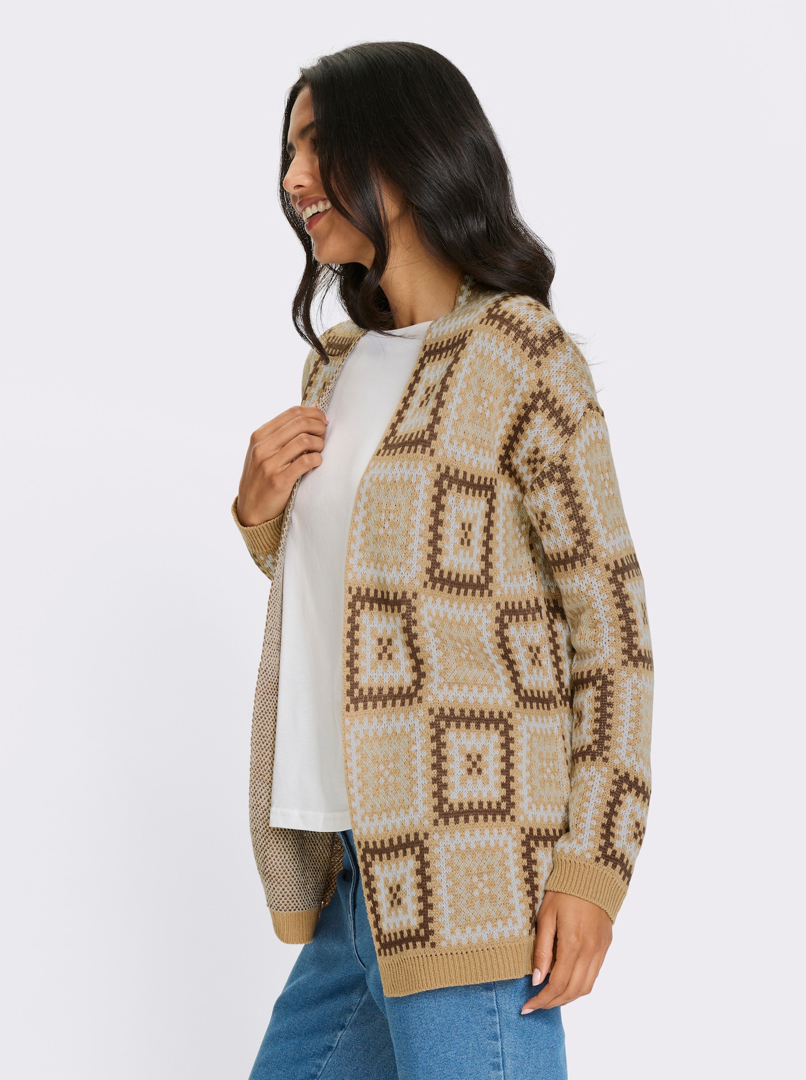 Vest met kleurrijk jacquardpatroon. - camel/choco gedessineerd