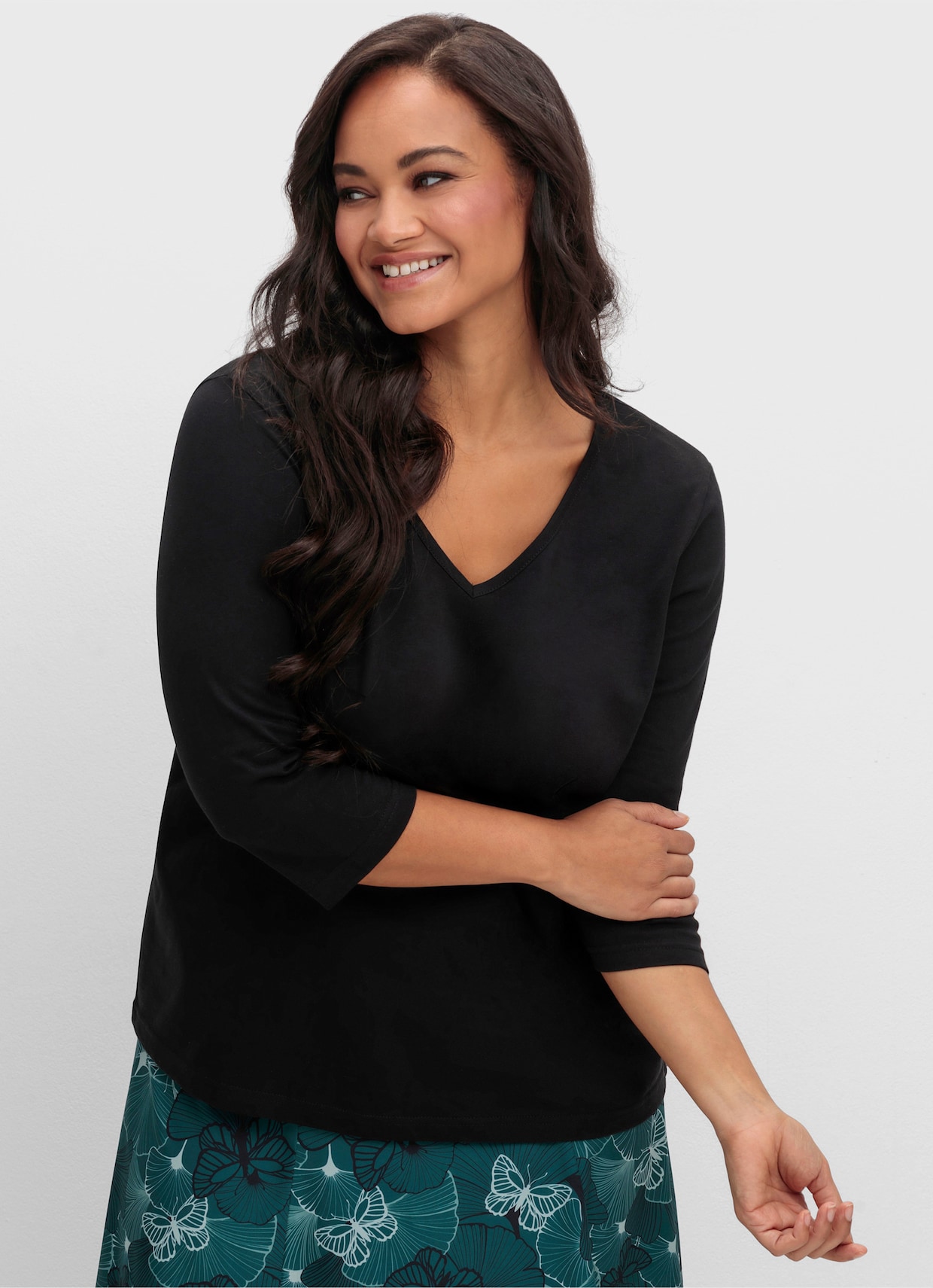 3/4-Arm-Shirt mit V-Ausschnitt - schwarz