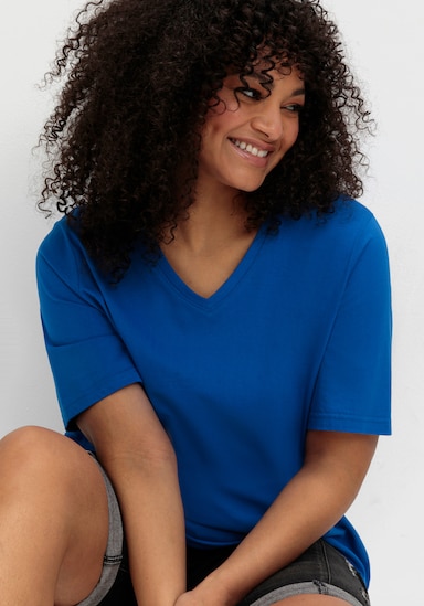 sheego Shirt met V-hals - kobaltblauw