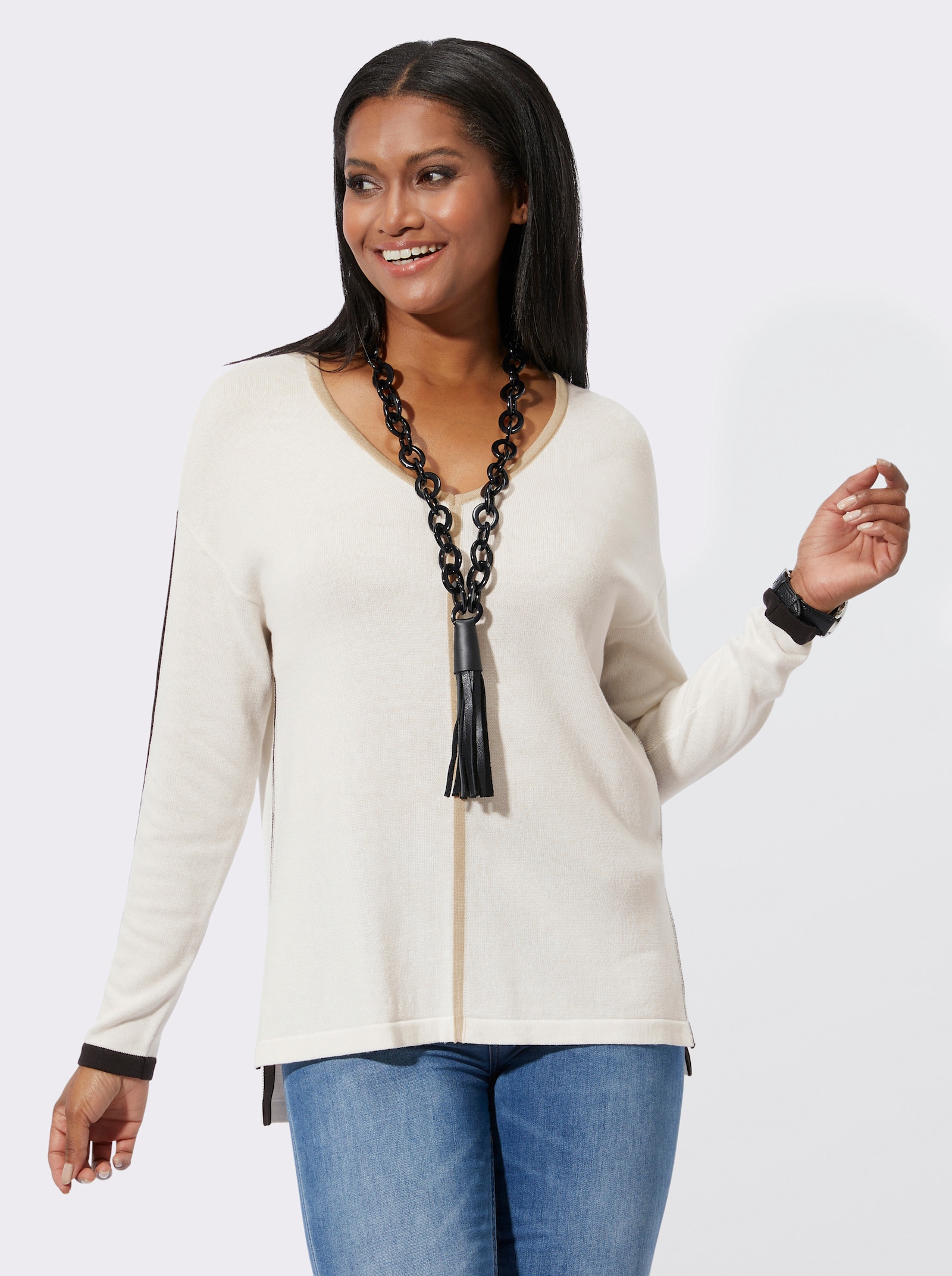 Langarm-Pullover mit Kontraststreifen - ecru