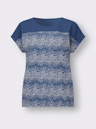 Rundhalsshirt - jeansblau-ecru-bedruckt