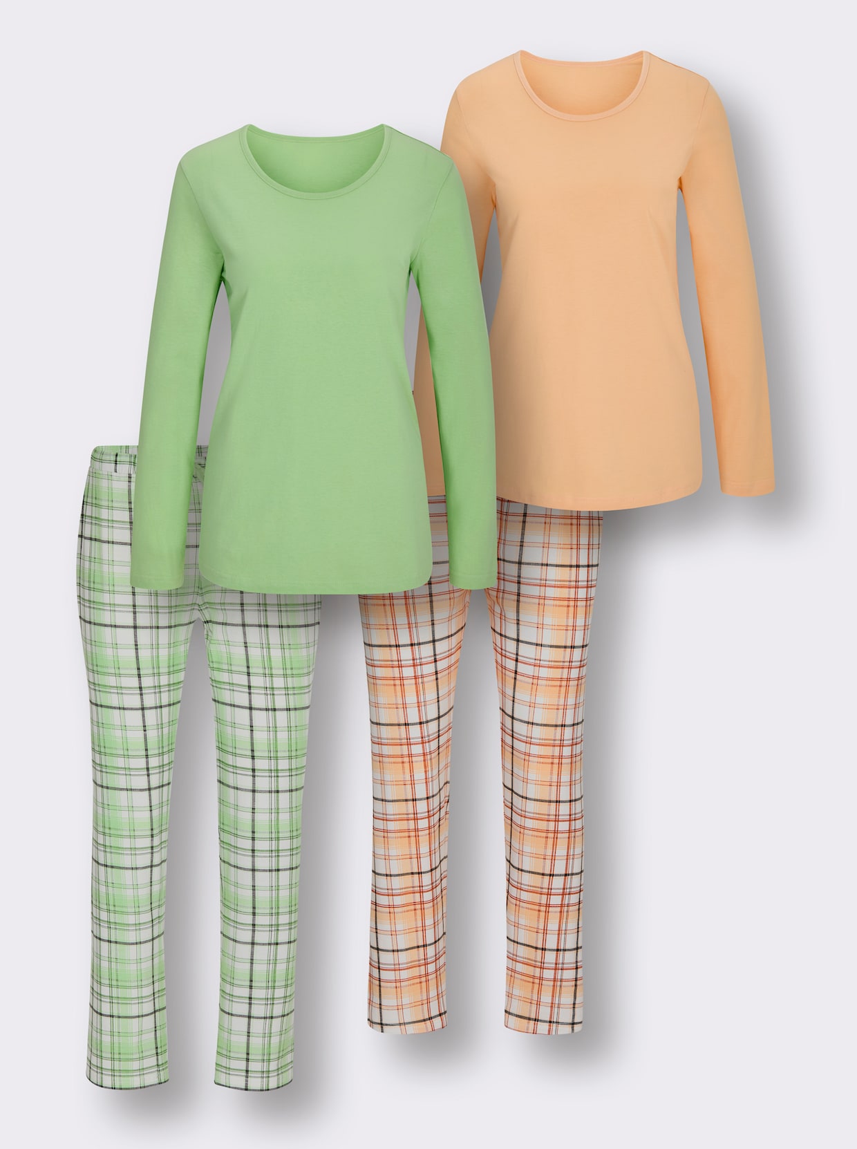 wäschepur Schlafanzüge mit karierten Hosen - apricot-bedruckt + reseda-bedruckt