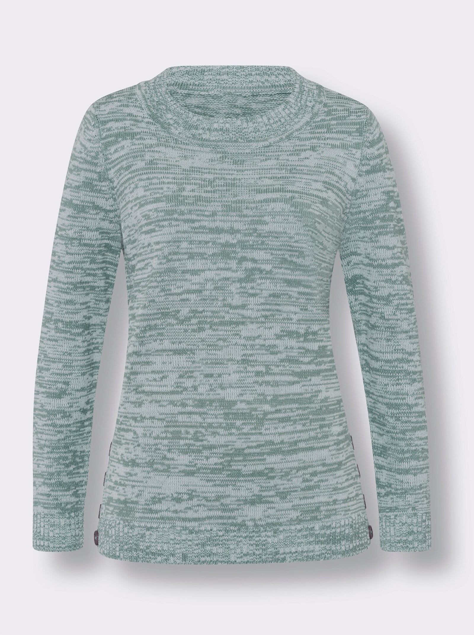 Svetr s kulatým výstřihem a ozdobnými knoflíky z imitace dřeva - nefritová-ecru-melír