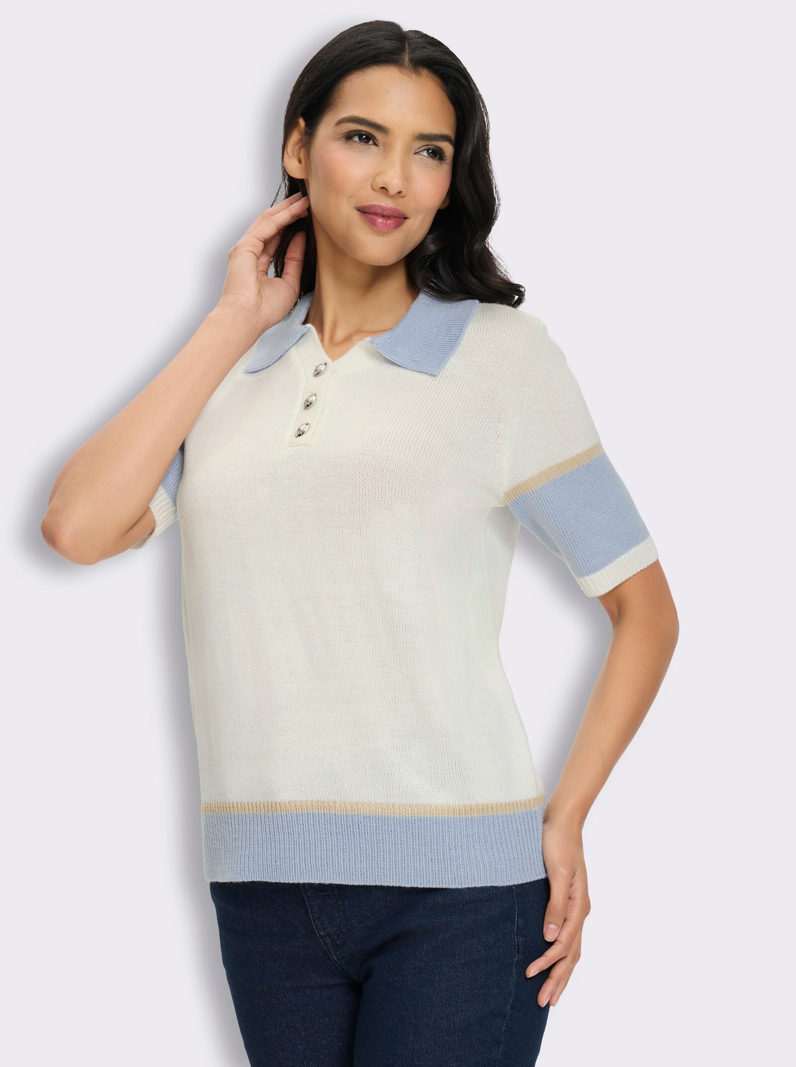 Polopullover mit silberfarbenen Schmuckknöpfen - ecru-hellblau-gemustert