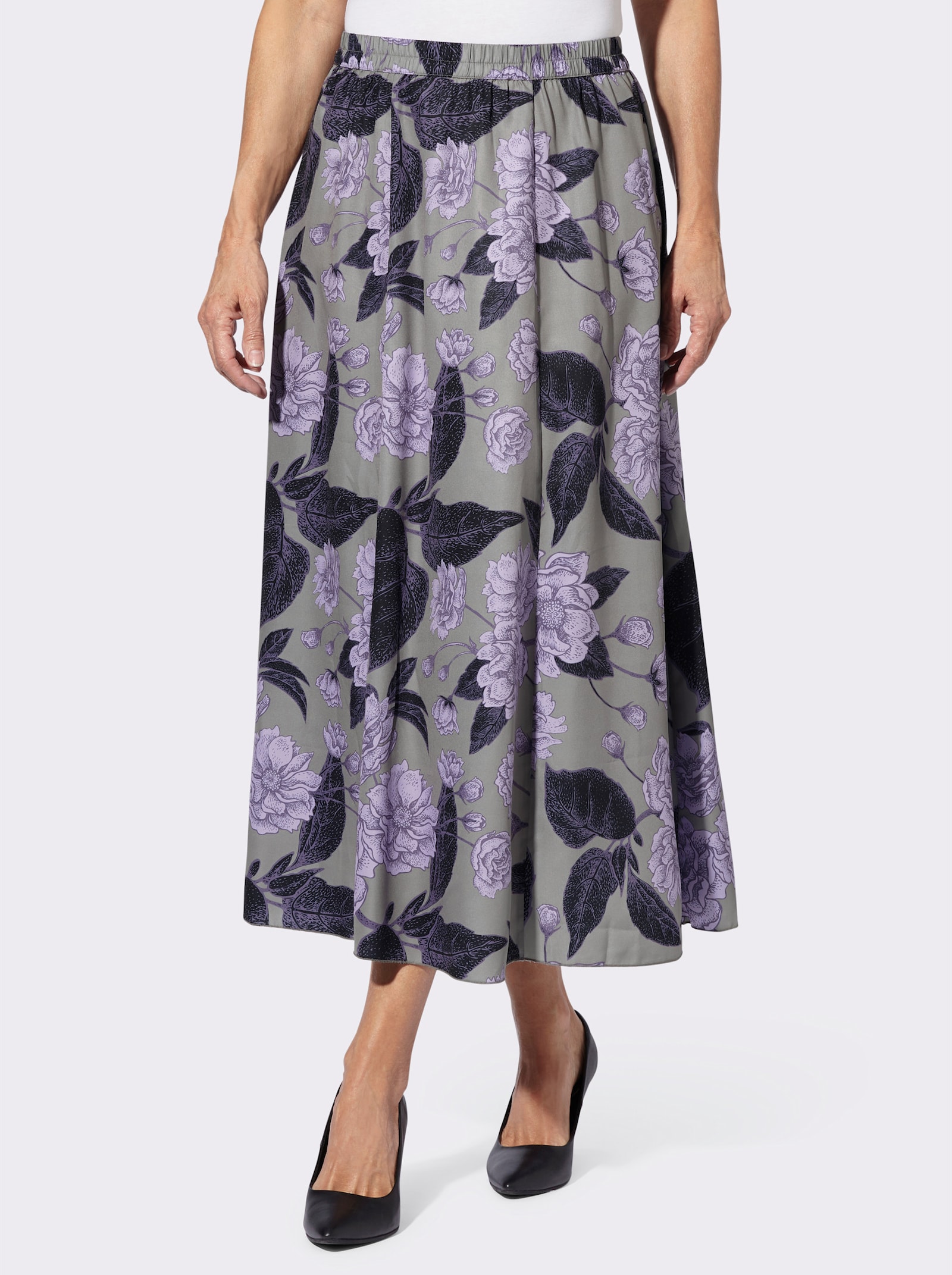 Bahnenrock mit Blüten- und Blätterdruck - grau-lavendel-bedruckt