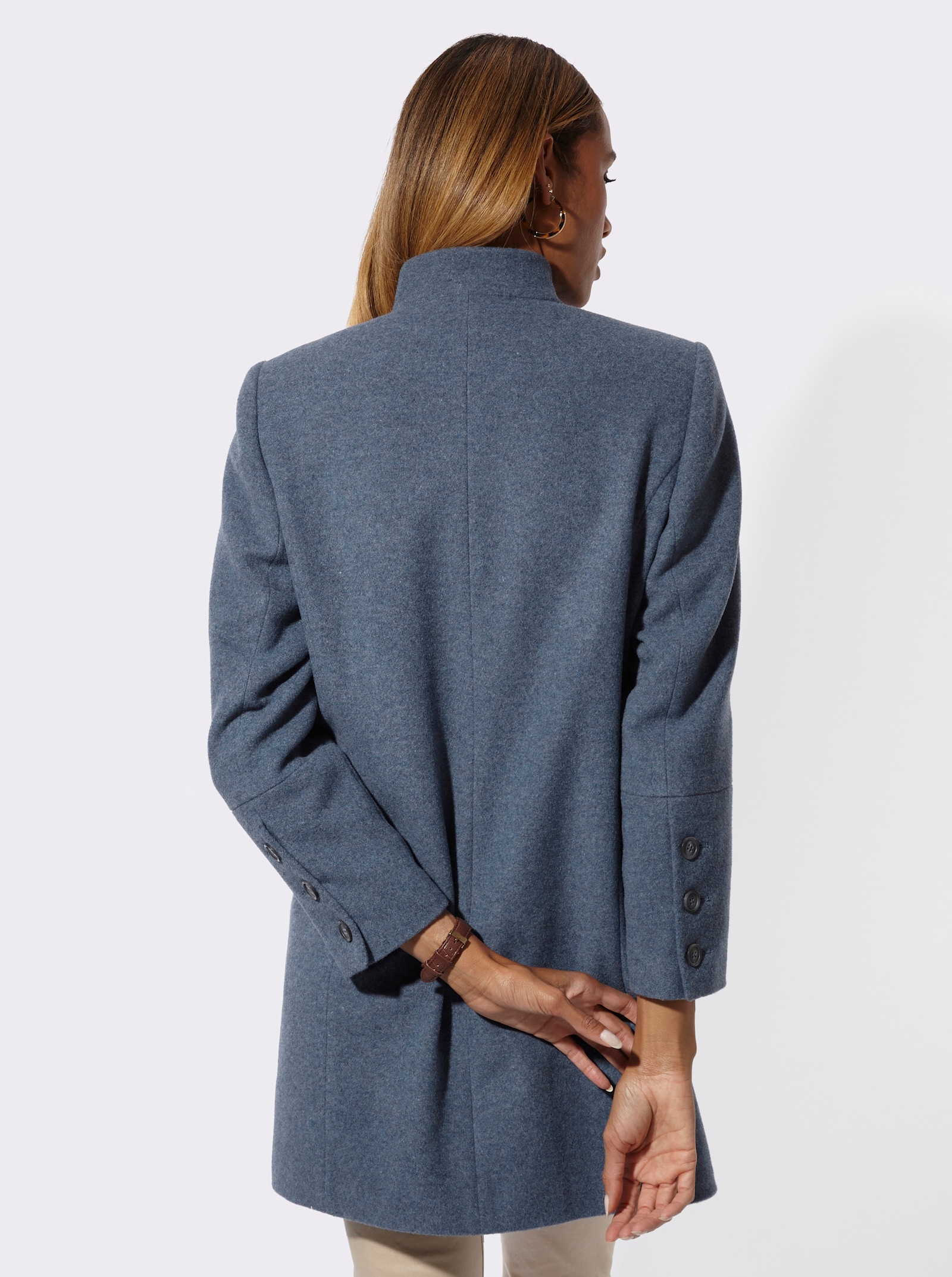 Wollmantel mit extravagantem Kragen - rauchblau-meliert