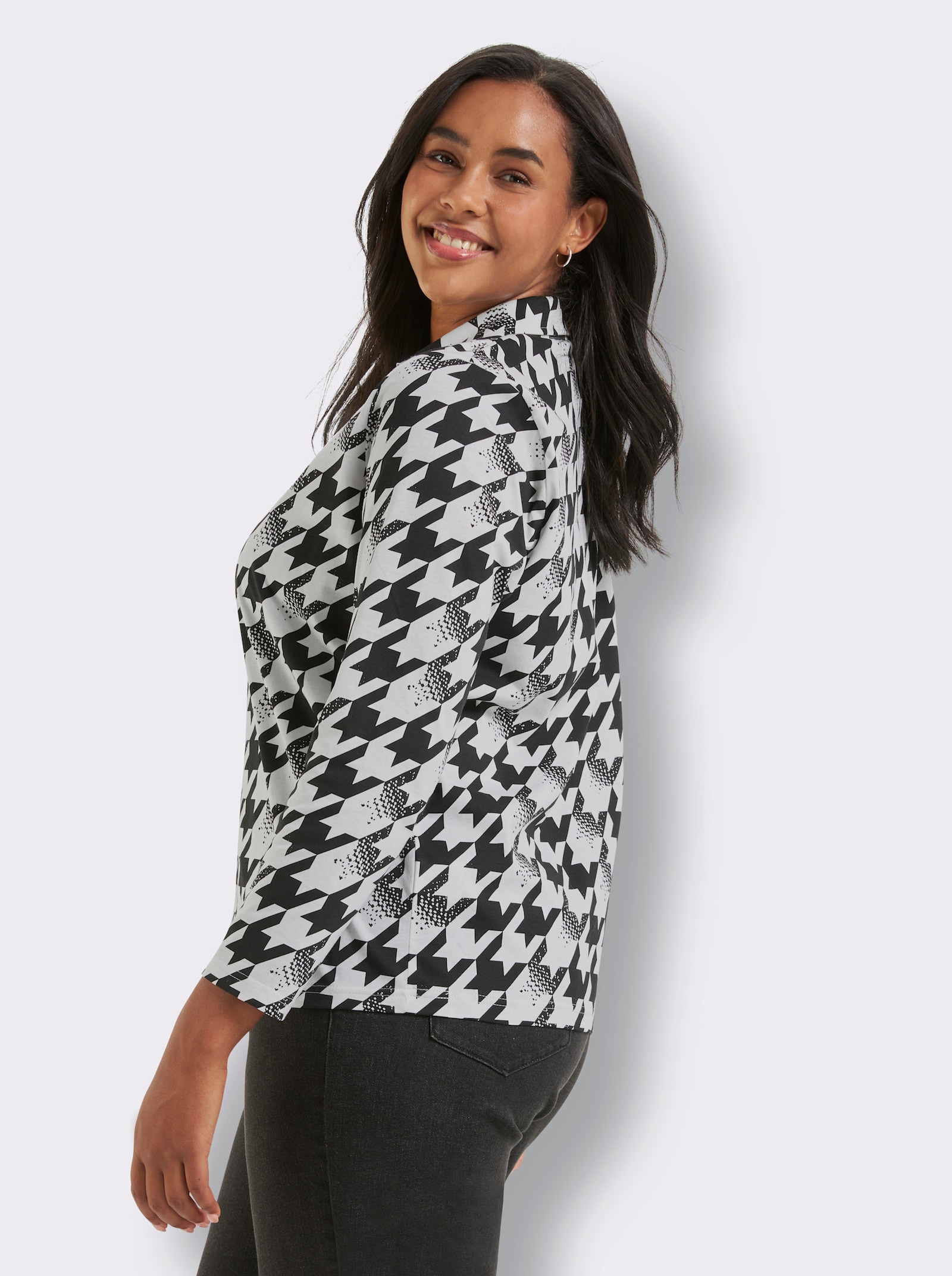 Langarmshirt mit Hahnentritt-Muster - schwarz-ecru-bedruckt