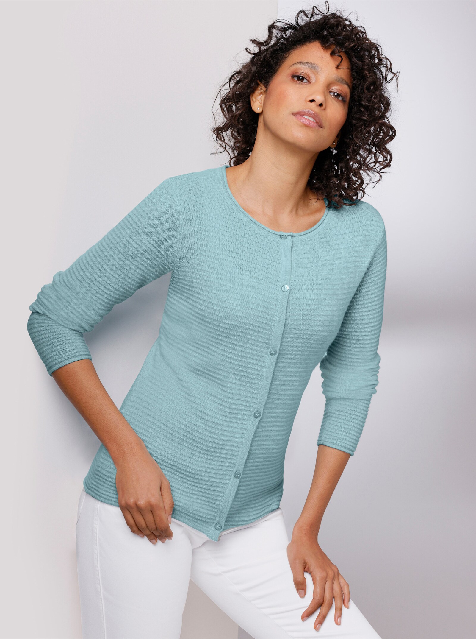 CREATION L PREMIUM Kaschmir-Strickjacke mit feinen Rollkanten - kalkmint