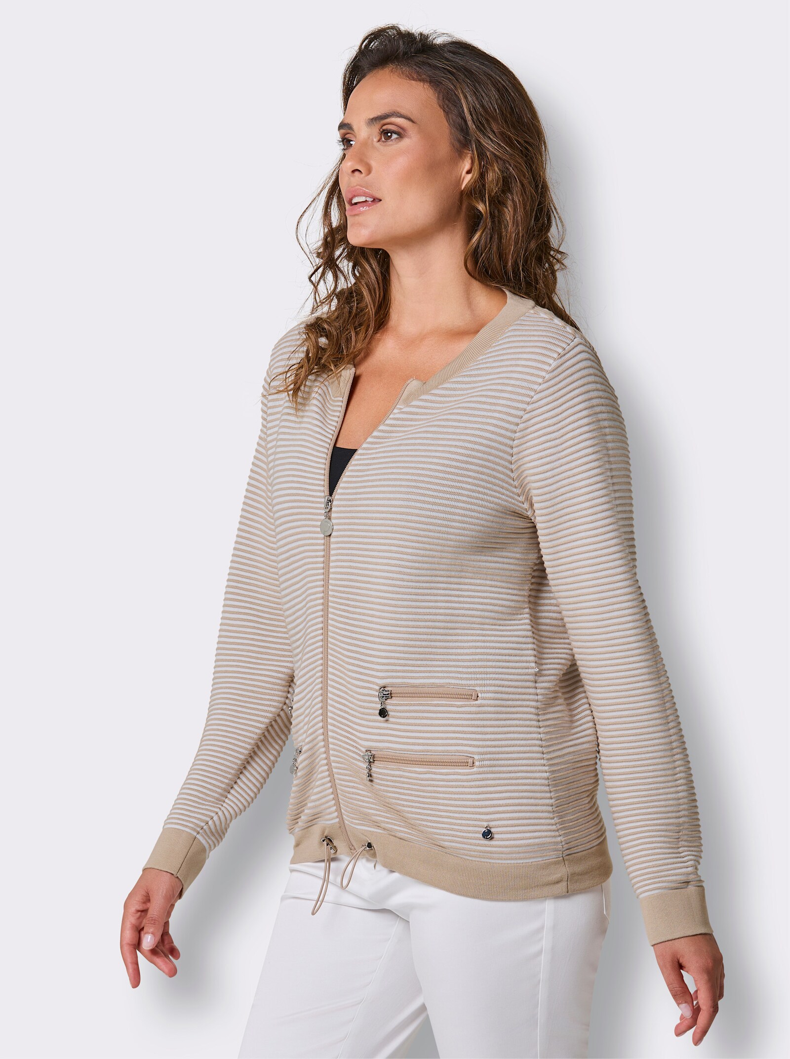 CREATION L PREMIUM Strickjacke in Ripp-Qualität - beige-weiß