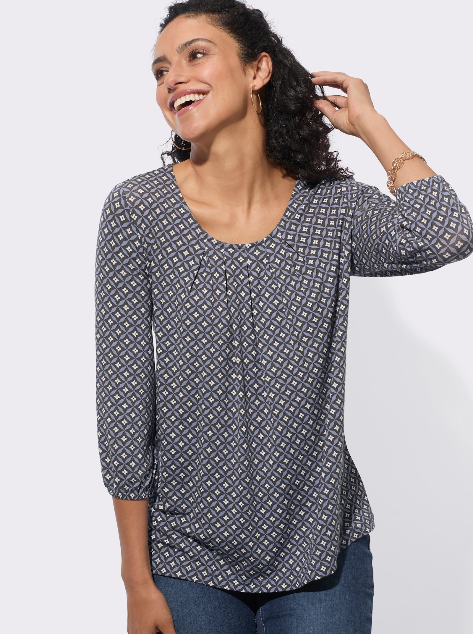  3/4-Arm-Shirt mit Gummizug am Ärmel - taubenblau-graphit-bedruckt