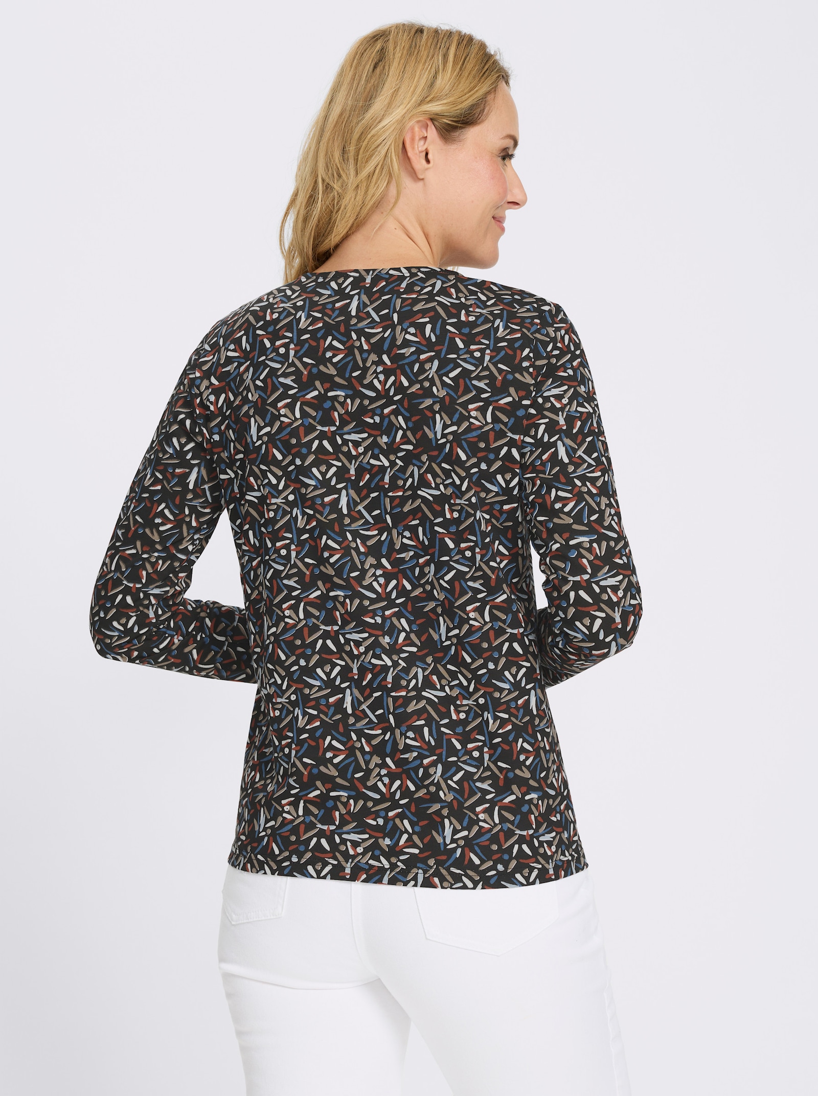 Langarmshirt im Minimal-Dessin - schwarz-rostrot-bedruckt