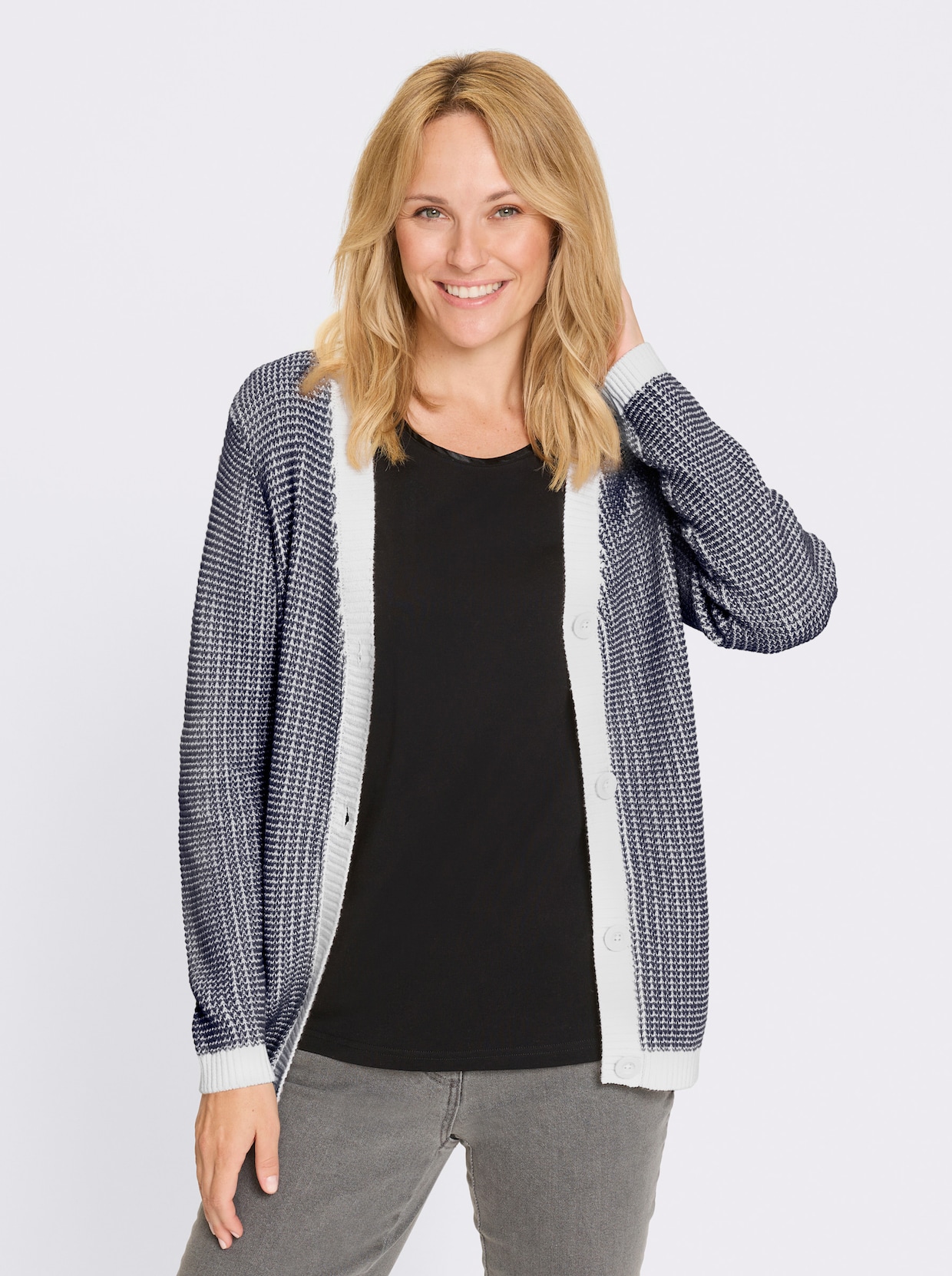 Strickjacke - dunkelblau-ecru-gemustert