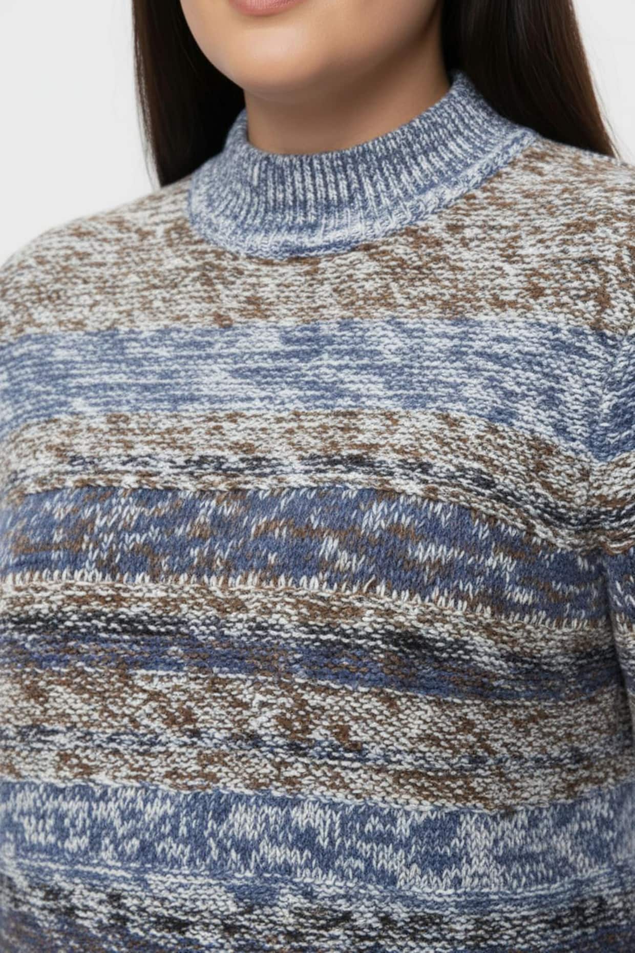 Langarm-Pullover mit Strickstruktur - jeansblau-braun-meliert