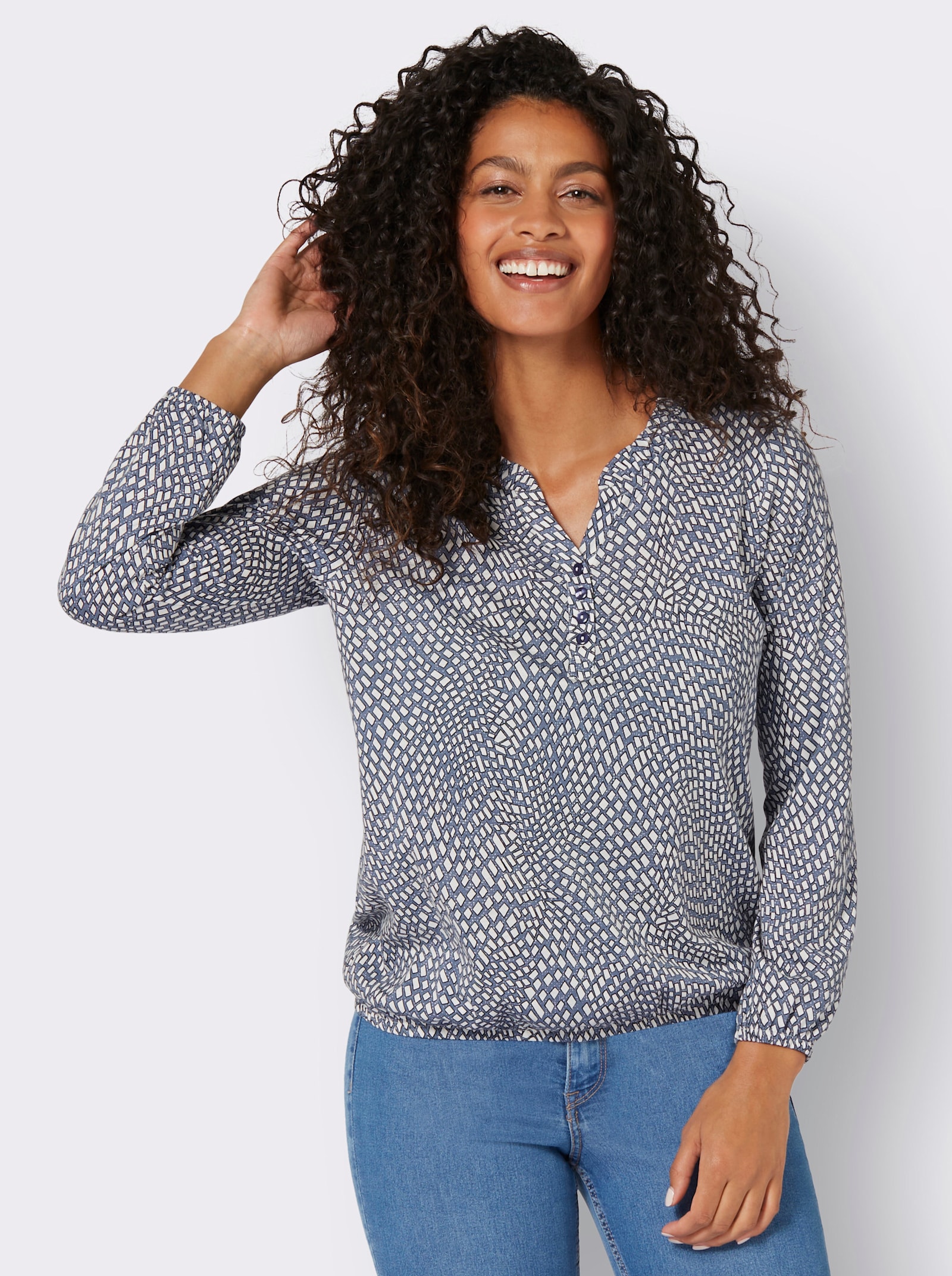 Langarmshirt im Material-Mix - rauchblau-ecru-bedruckt