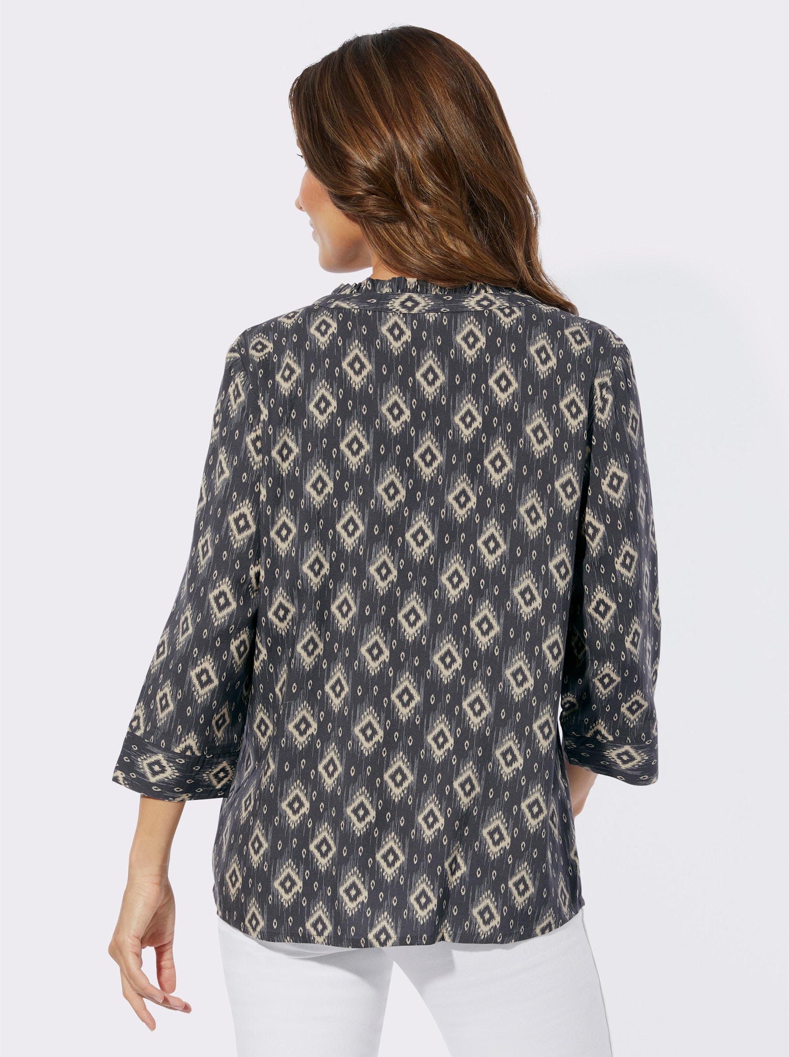Schlupfbluse im Ethnomuster - anthrazit-sand-bedruckt