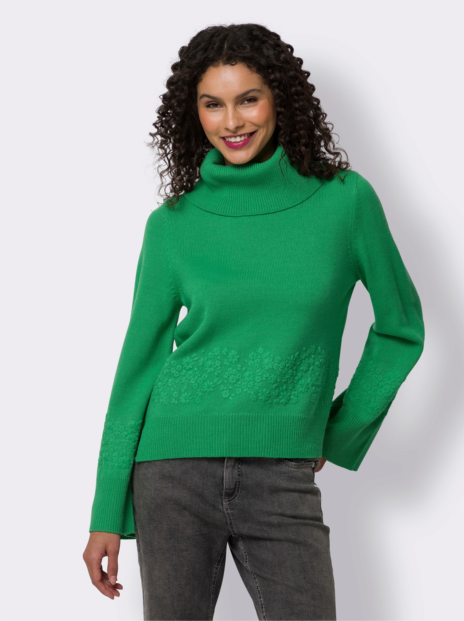 heine Rollkragenpullover mit Blumen-Stickerei - grasgrün