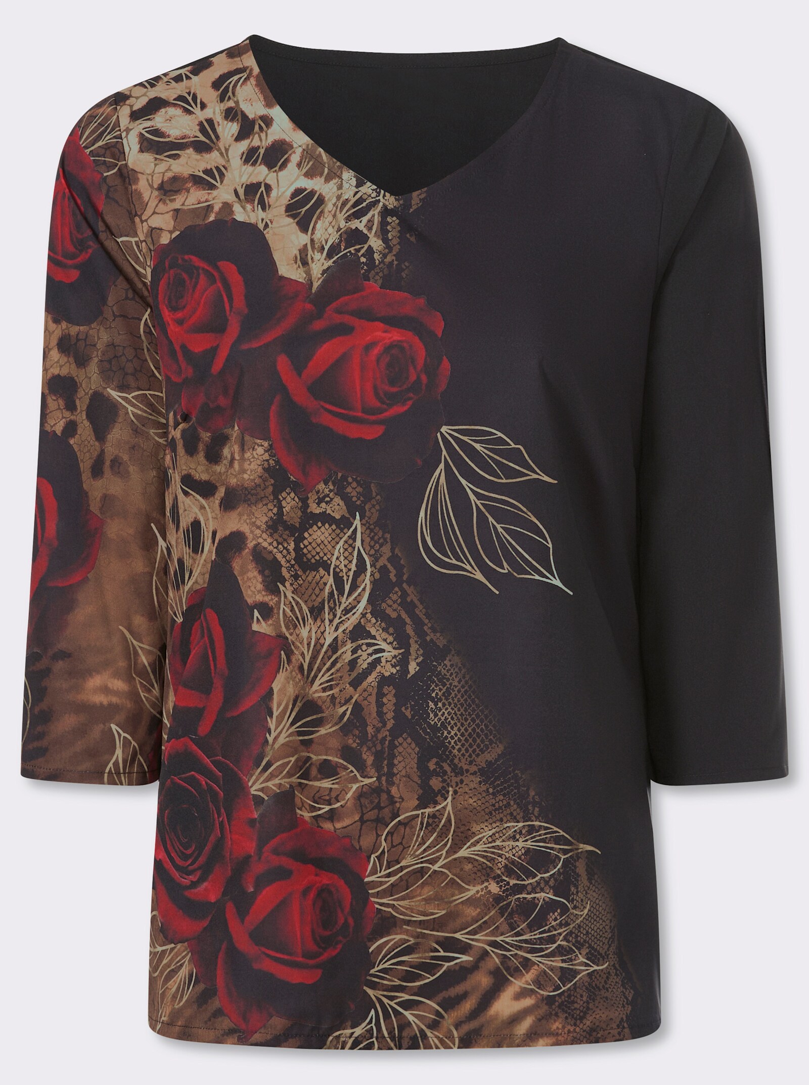 Druckbluse mit Leo- und Blüten-Print - schwarz-rot-bedruckt