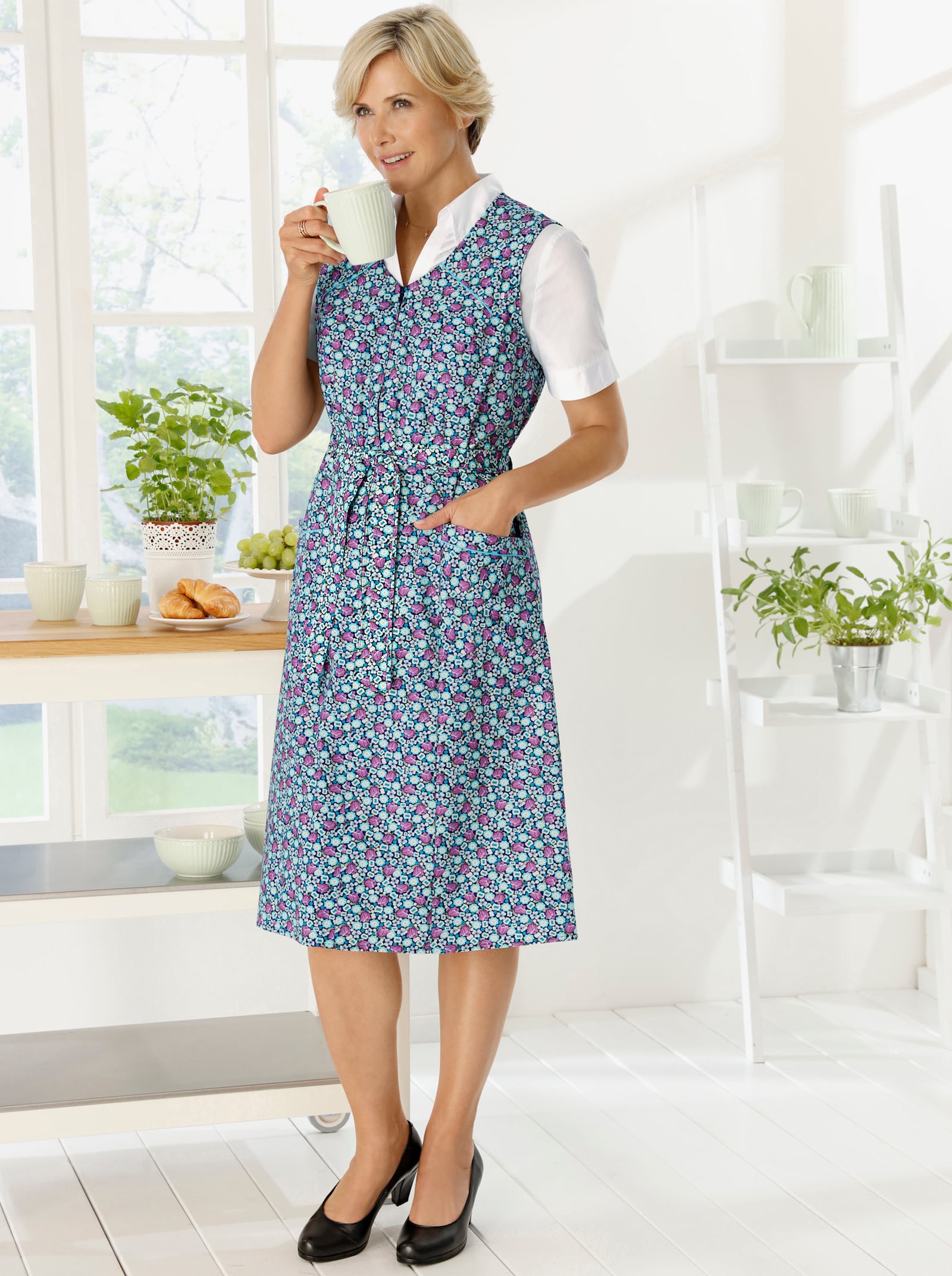 Förkläde med blomtryck - aquamarin-orkidé