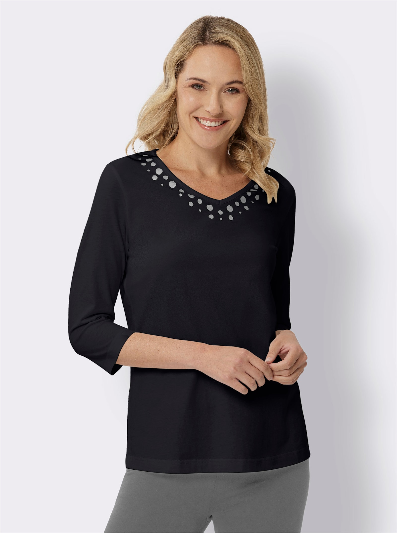 Tričko s 3/4 rukávem a stříbrným fóliovým potiskem - černá