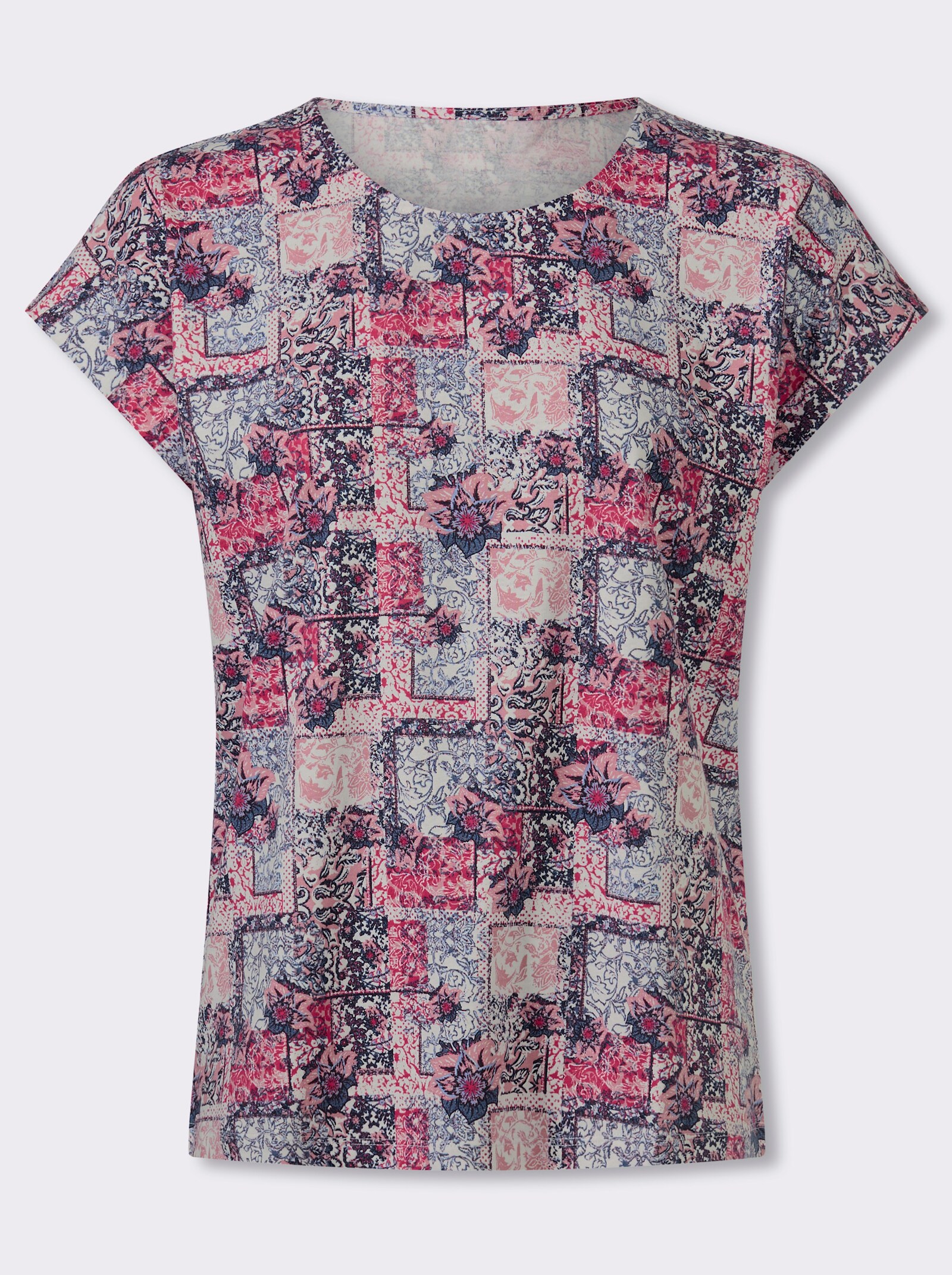 Kurzarmshirt in floraler Patch-Optik - fuchsia-rauchblau-bedruckt