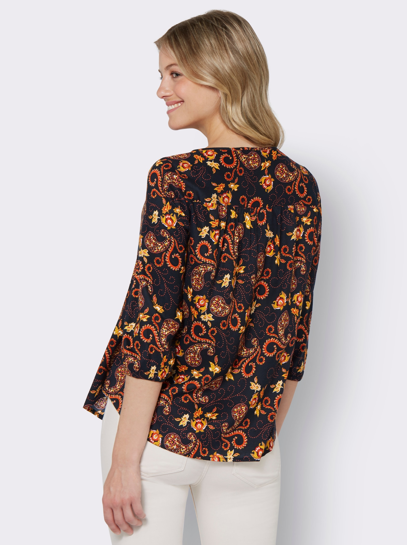Schlupfbluse mit Paisleymuster, aus Viskose - schwarz-ocker-bedruckt