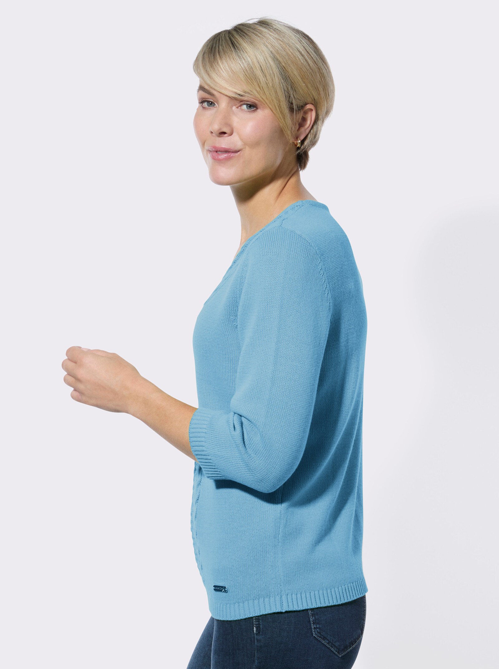 V-Ausschnitt-Pullover mit Rippbündchen - aqua