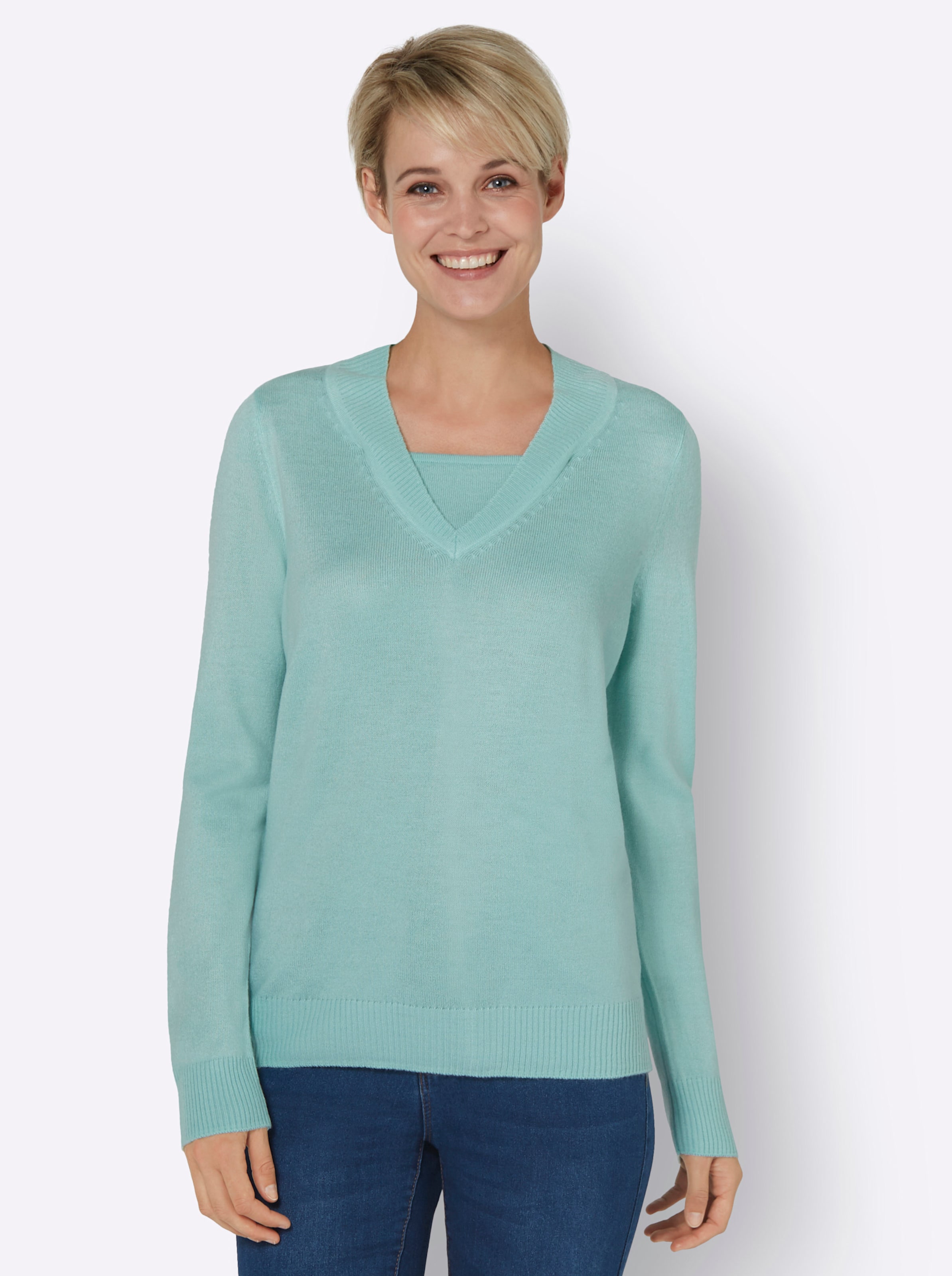 Witt Damen 2-in-1-Pullover mit V-Ausschnitt, weich, mint