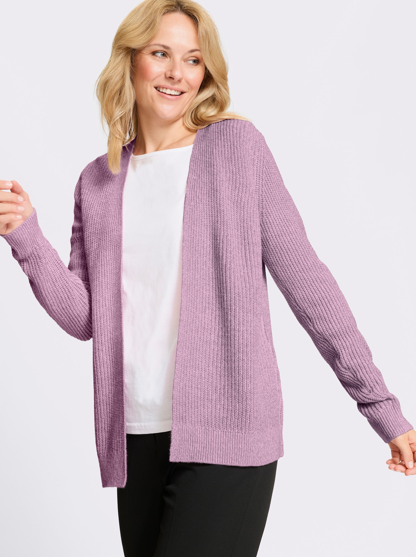 Pletený kabátek otevřeného střihu - orchideová-ecru-melír