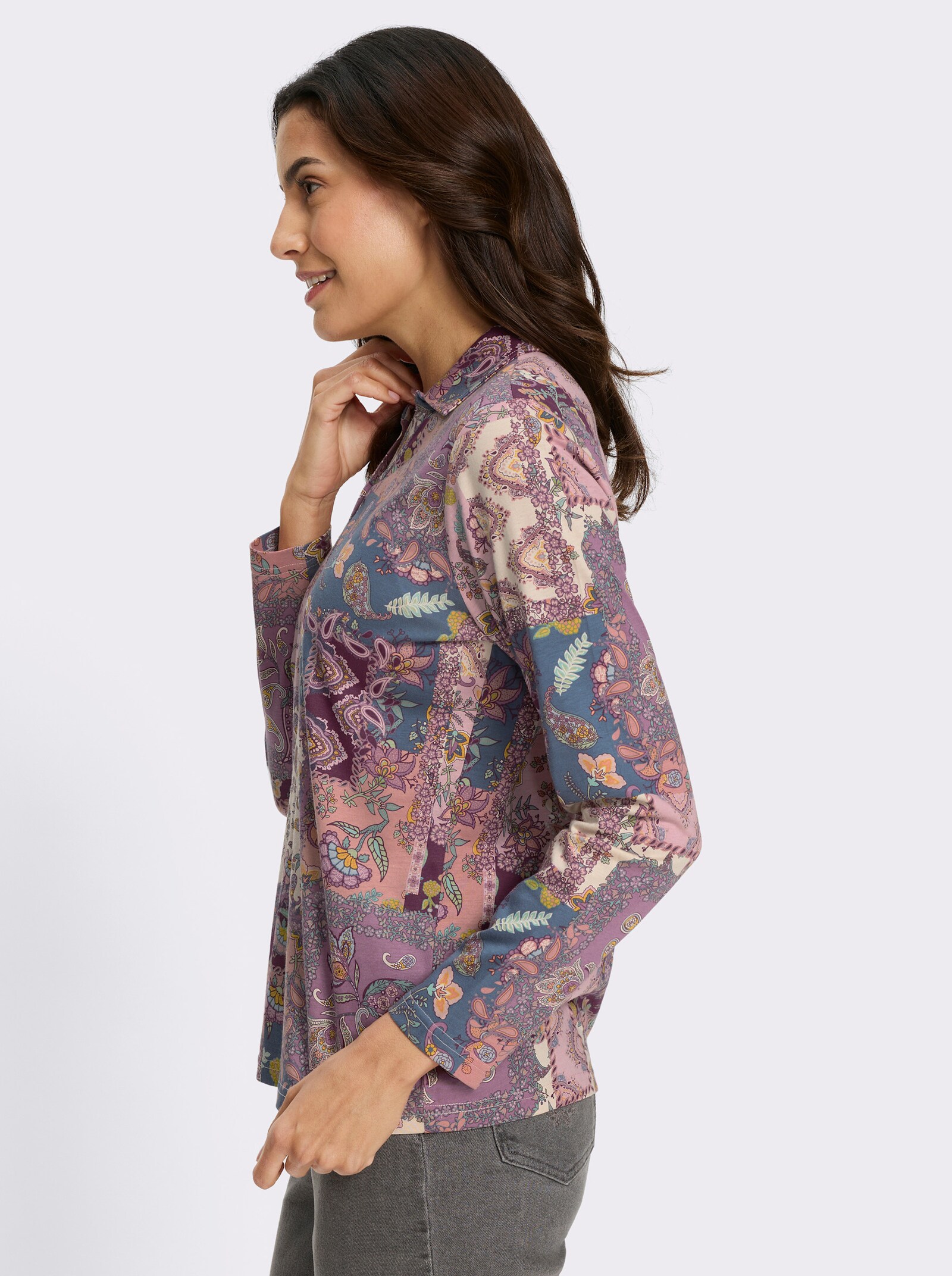 Poloshirt mit kurzer Knopfleiste - burgund-violett-bedruckt