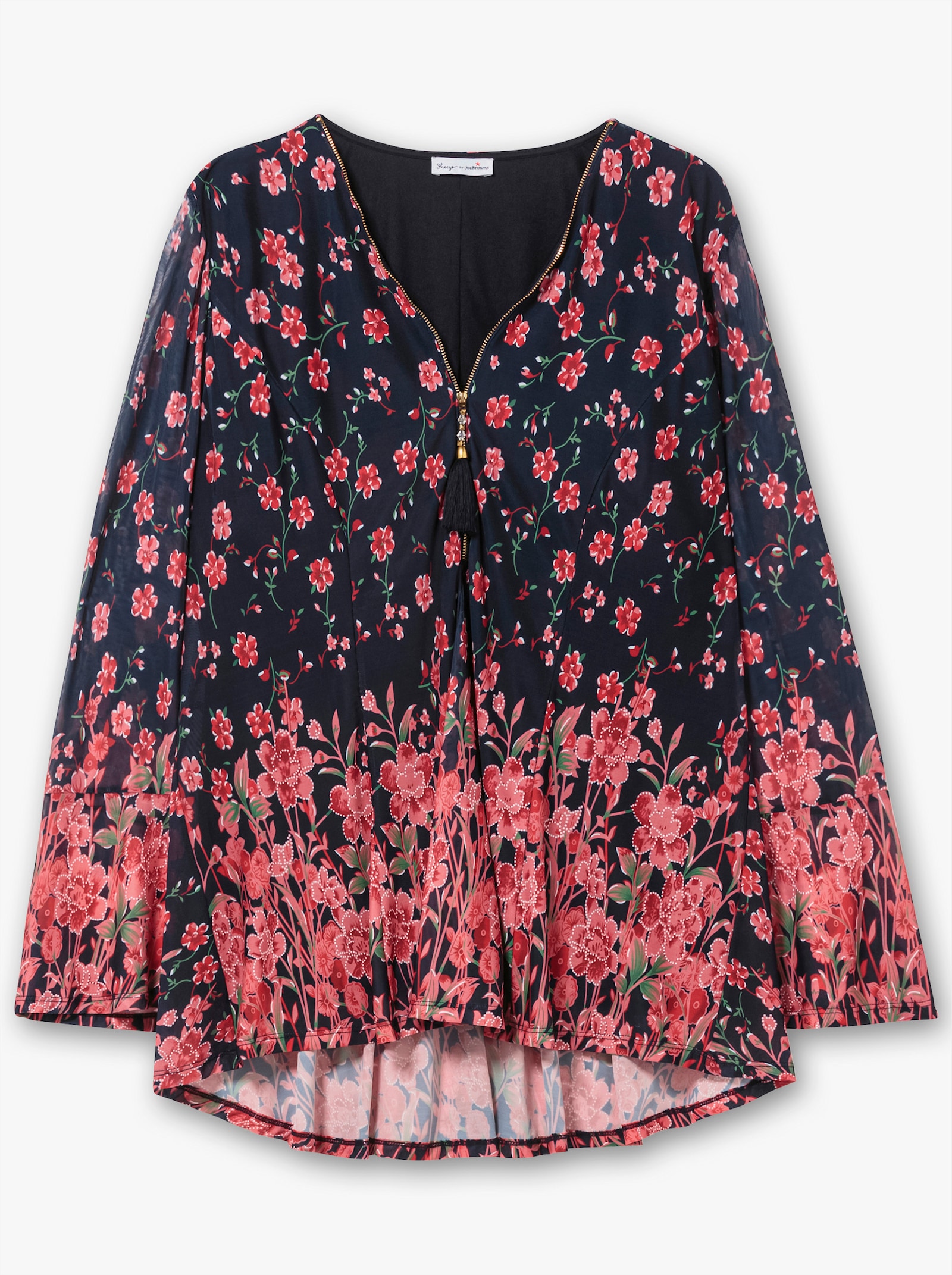 sheego by Joe Browns Tunika aus Mesh, mit Trompetenärmeln - blau gemustert