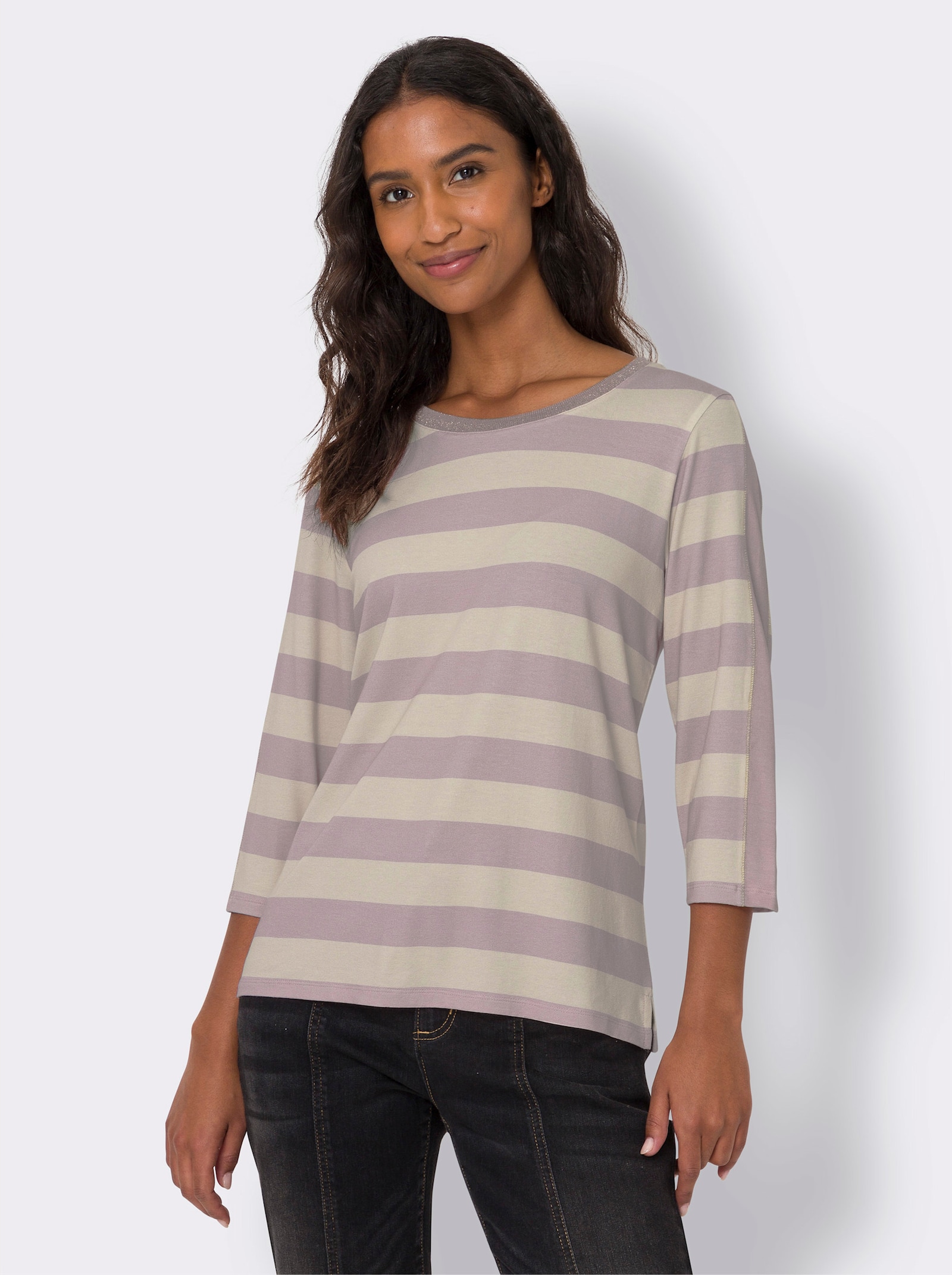 heine T-shirt à manches 3/4 avec fils brillants - rose-café au lait à rayures fines