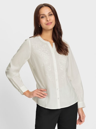 Baumwollbluse mit Blüten-Stickerei - ecru