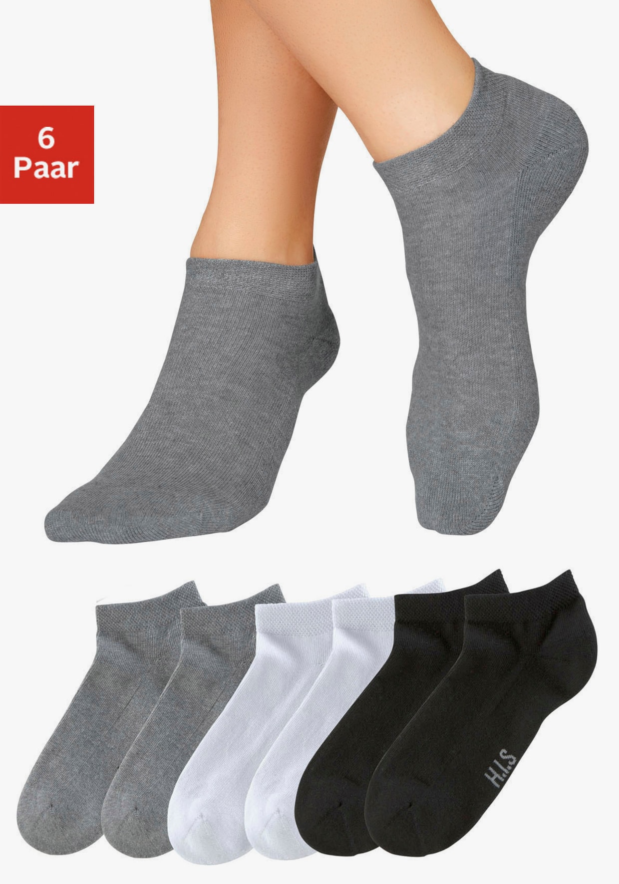 H.I.S Sneakersocken - 2x schwarz, 2x weiß, 2x grau-meliert