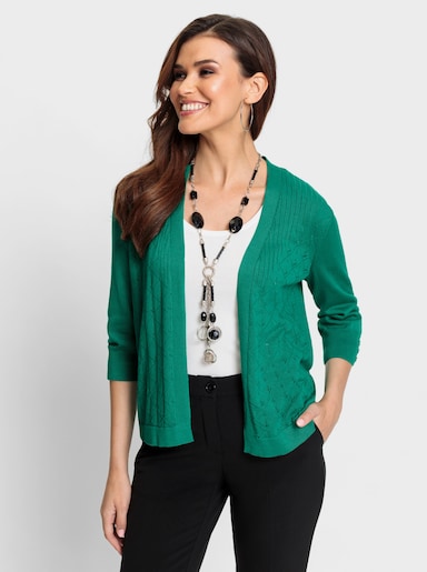 Ajourstrickjacke in kürzerer Form - smaragd