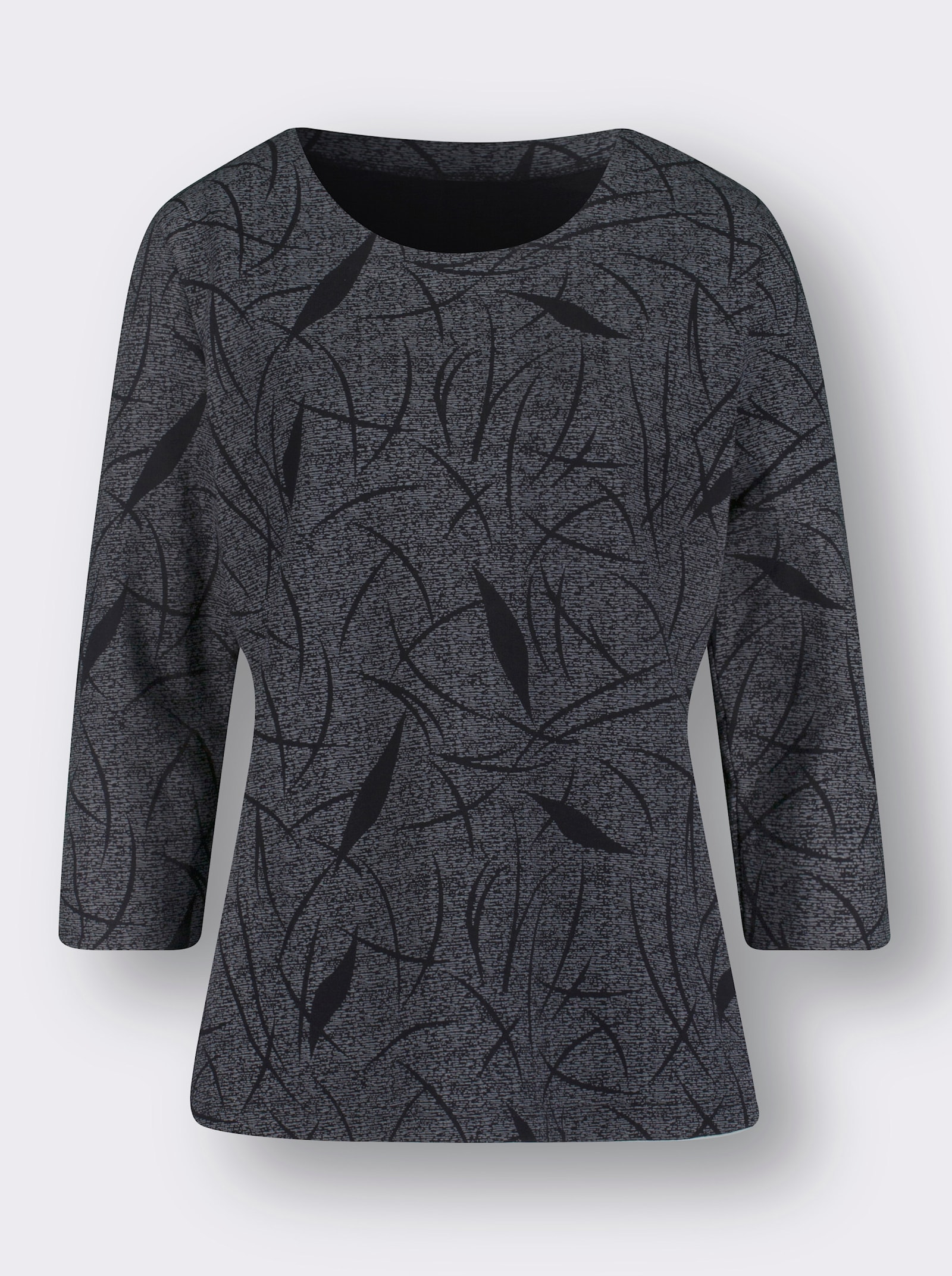 3/4-Arm-Shirt in Sweat-Qualität - steingrau-schwarz-gemustert