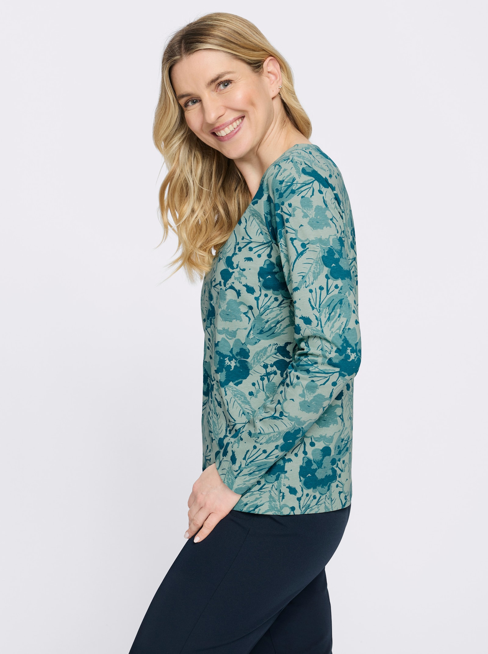 Langarmshirt im floralem Dessin - mint-aquapetrol-bedruckt