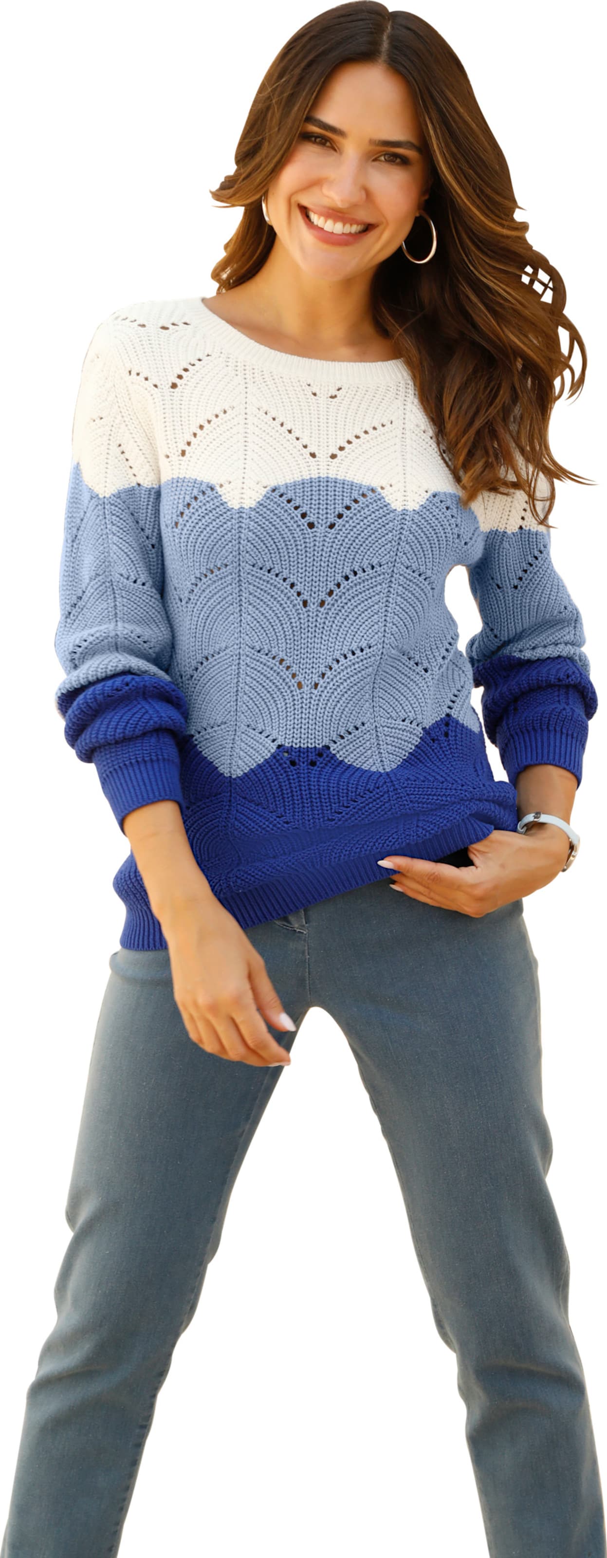 Damen Ajourpullover mit Streifen-Dessin royalblau-ecru-gemustert, Größe 38 - Bild 4