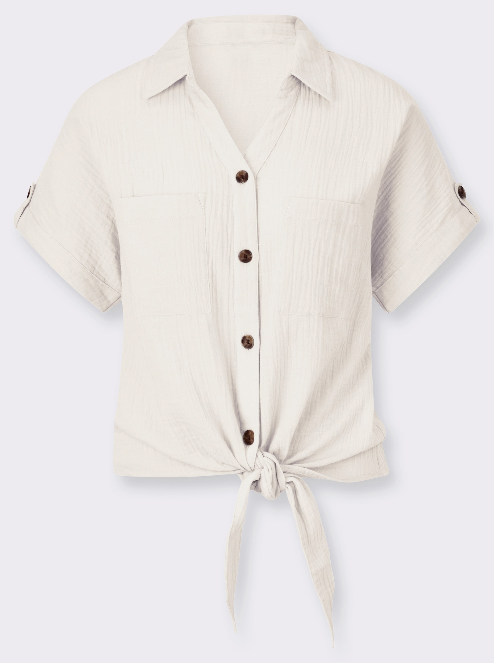 Baumwollbluse mit zipfligem Saum zum Knoten - ecru