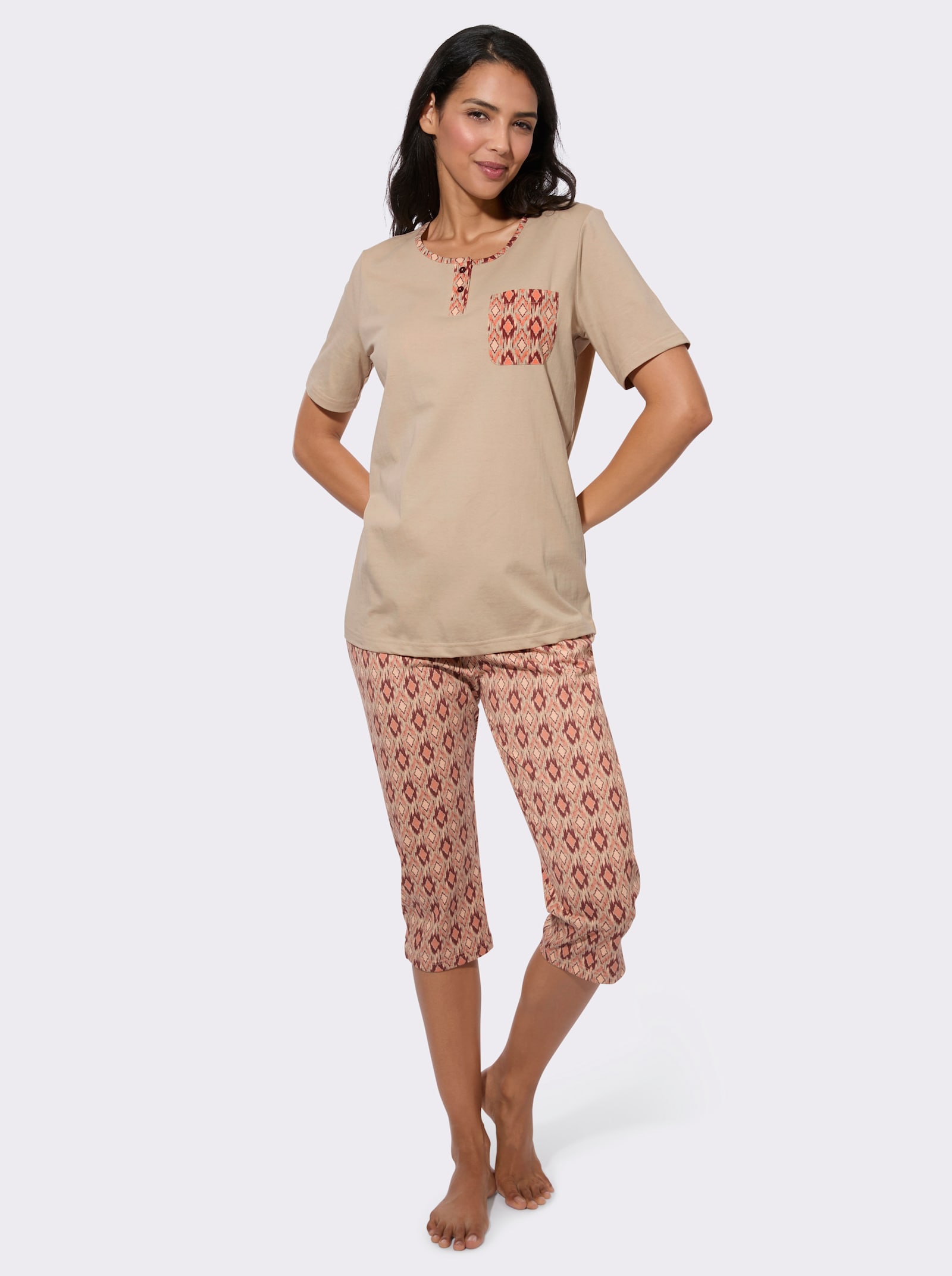 Capri-Schlafanzug mit Brusttasche - beige-papaya-bedruckt
